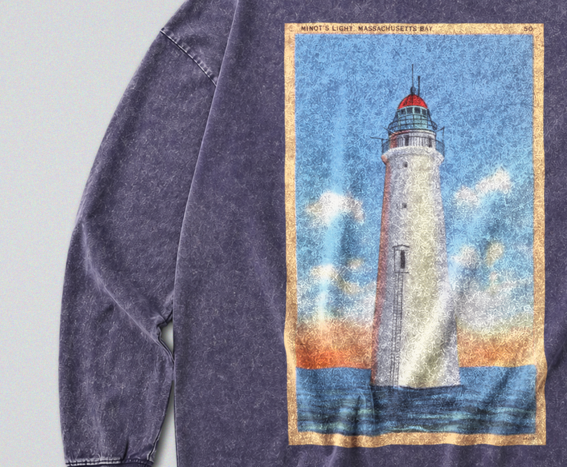 Oversized Snow Washed Long Sleeve Cotton Tee - Lighthouse at Sea Print