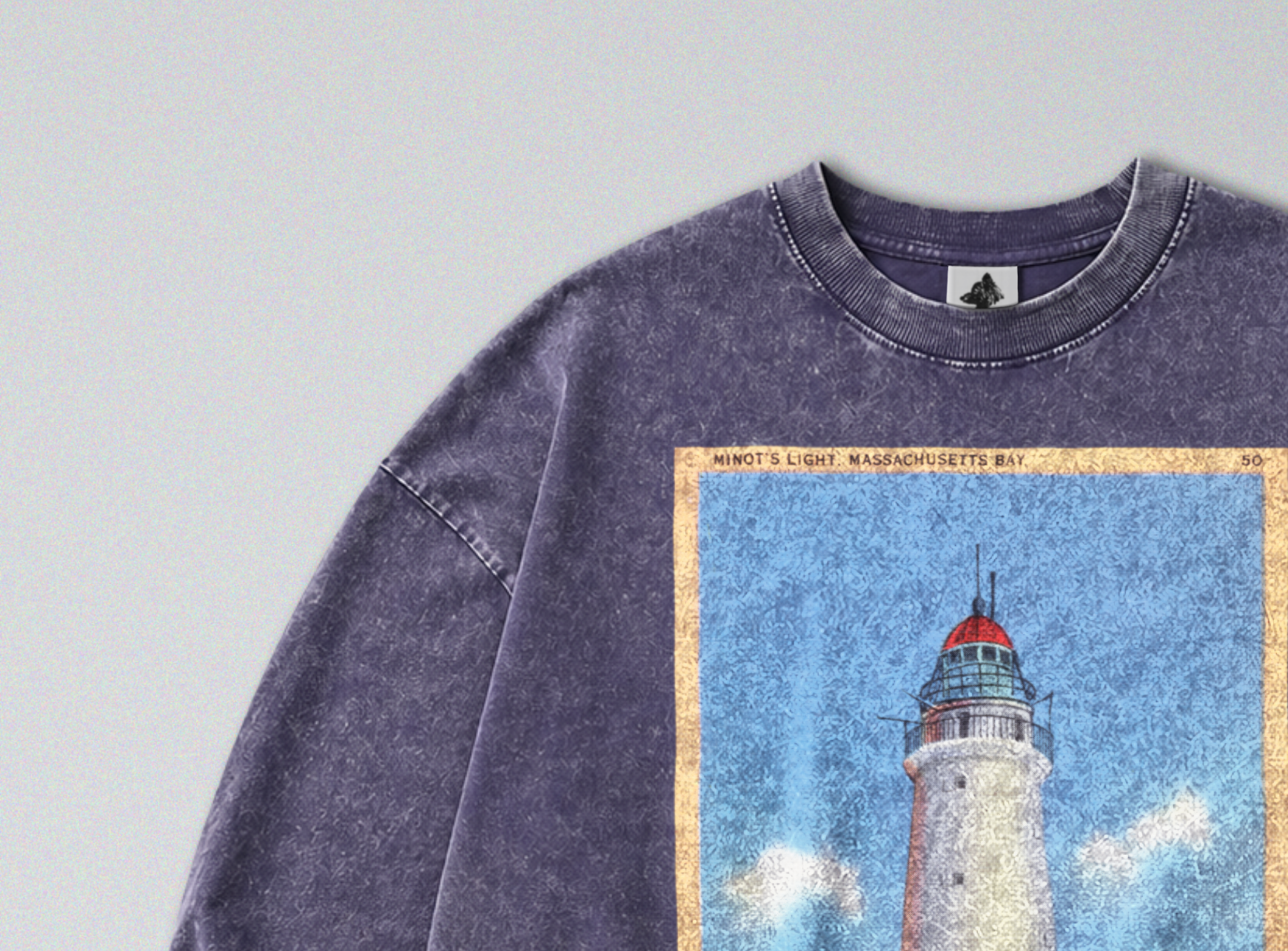Oversized Snow Washed Long Sleeve Cotton Tee - Lighthouse at Sea Print