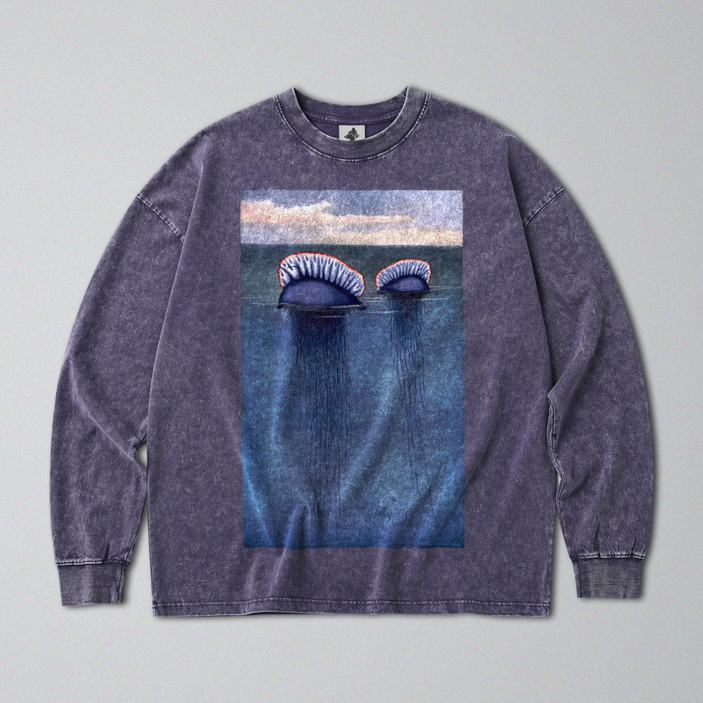 Oversized Snow Washed Long Sleeve Cotton Tee - Portuguese Man O' War Print