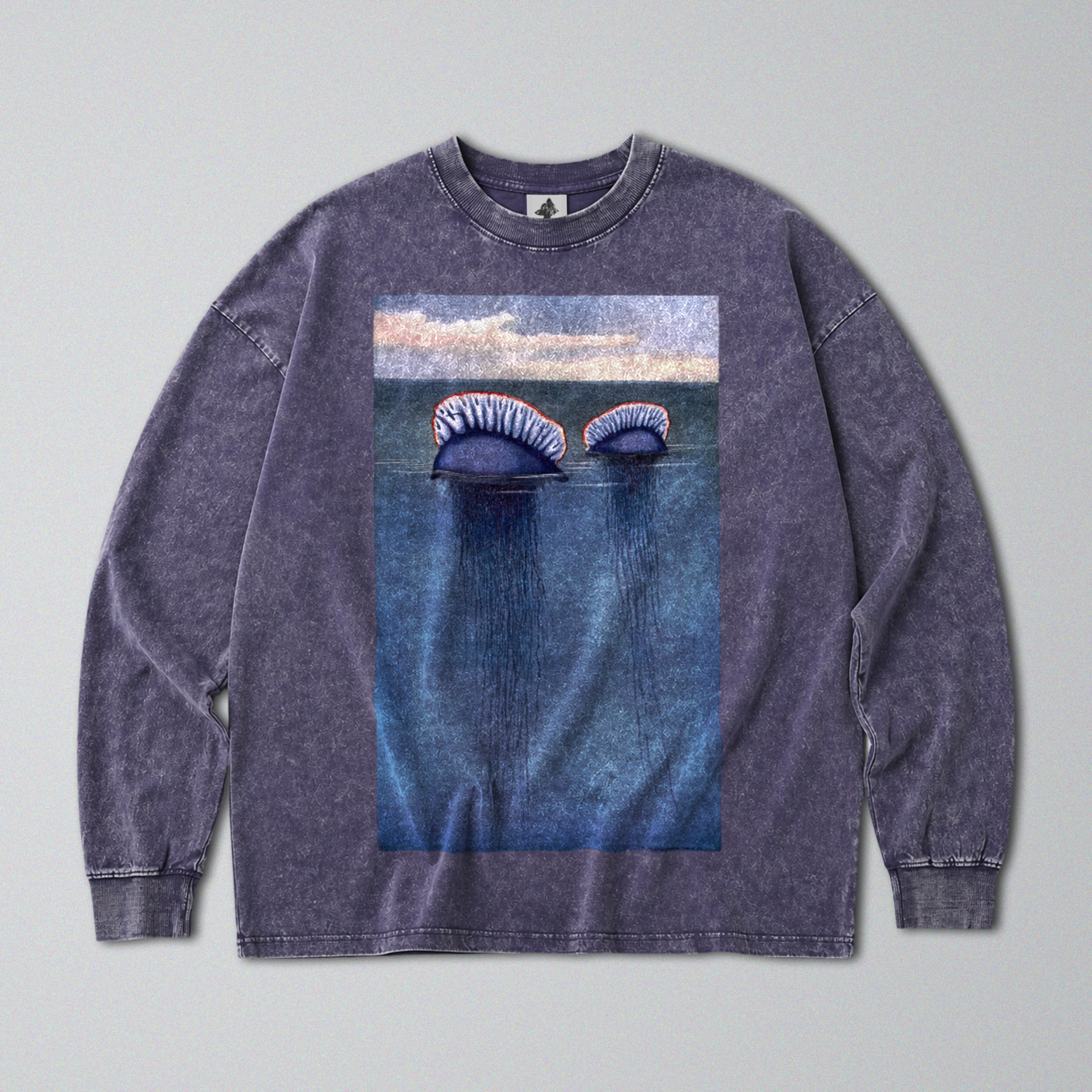 Oversized Snow Washed Long Sleeve Cotton Tee - Portuguese Man O' War Print