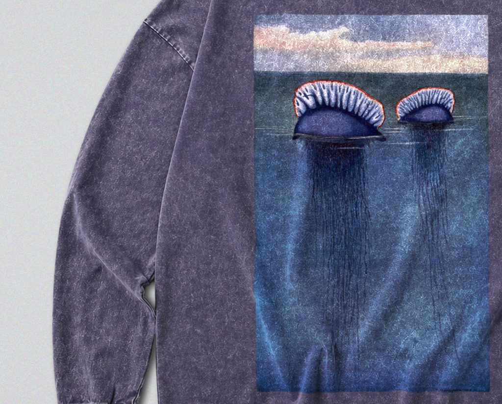 Oversized Snow Washed Long Sleeve Cotton Tee - Portuguese Man O' War Print