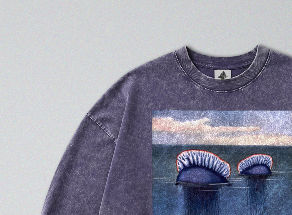 Oversized Snow Washed Long Sleeve Cotton Tee - Portuguese Man O' War Print