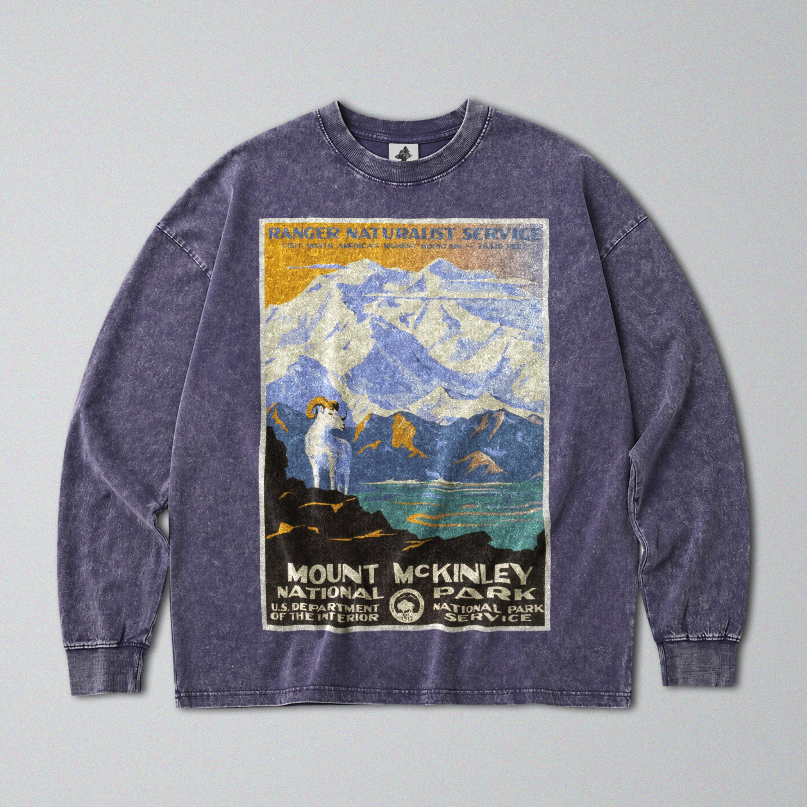 Oversized Snow Washed Long Sleeve Cotton Tee - Mount McKinley Travel Print