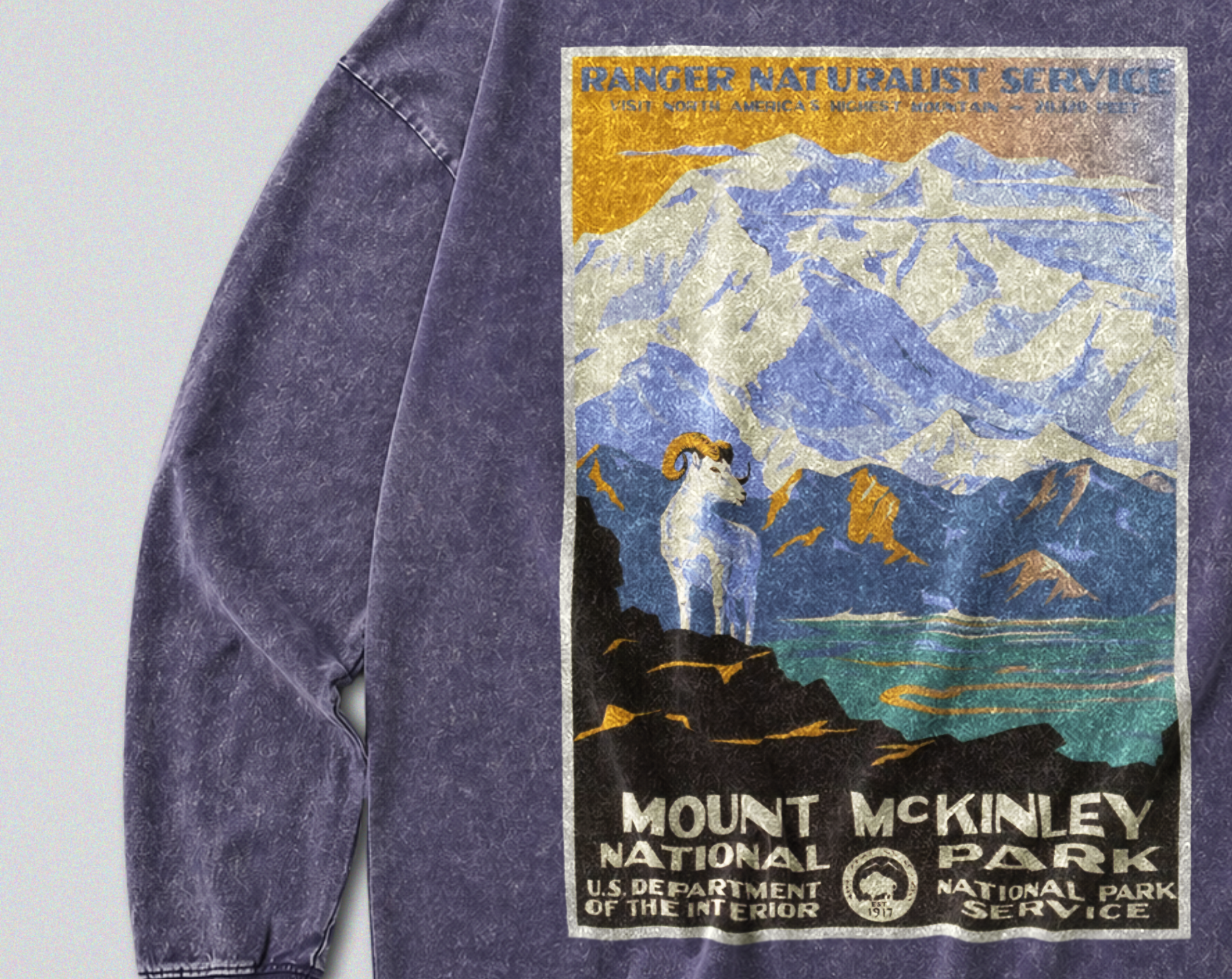 Oversized Snow Washed Long Sleeve Cotton Tee - Mount McKinley Travel Print
