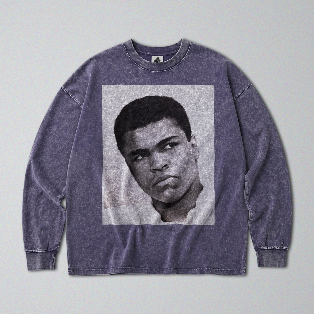 Oversized Snow Washed Long Sleeve Cotton Tee - Muhammad Ali Print