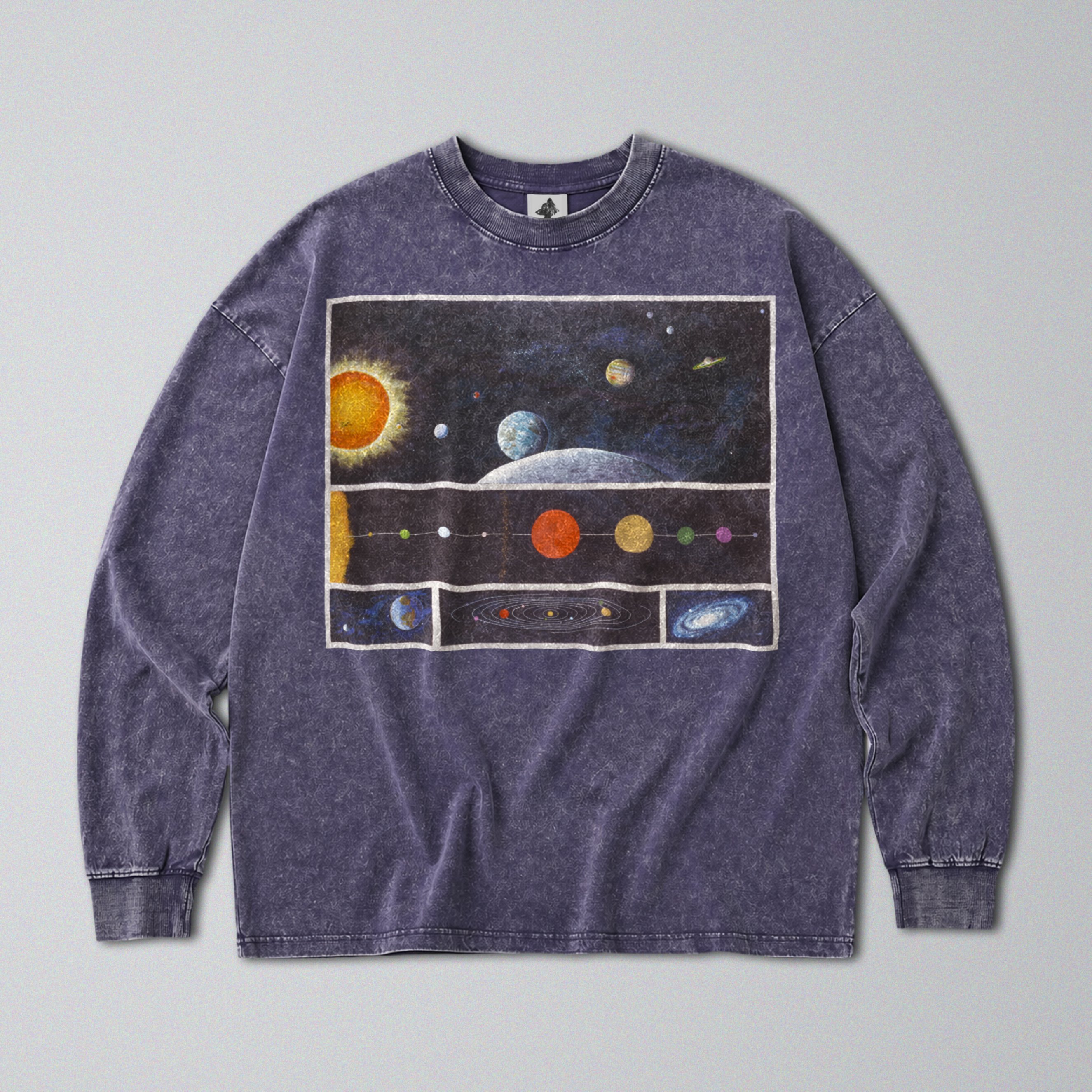 Oversized Snow Washed Long Sleeve Cotton Tee - Map of the Solar System Print