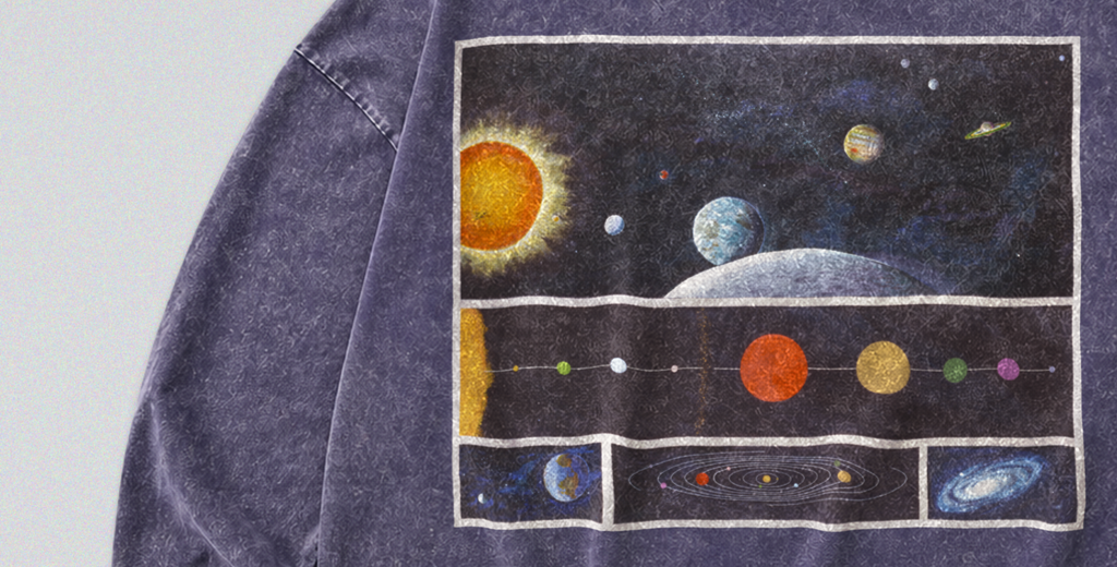 Oversized Snow Washed Long Sleeve Cotton Tee - Map of the Solar System Print