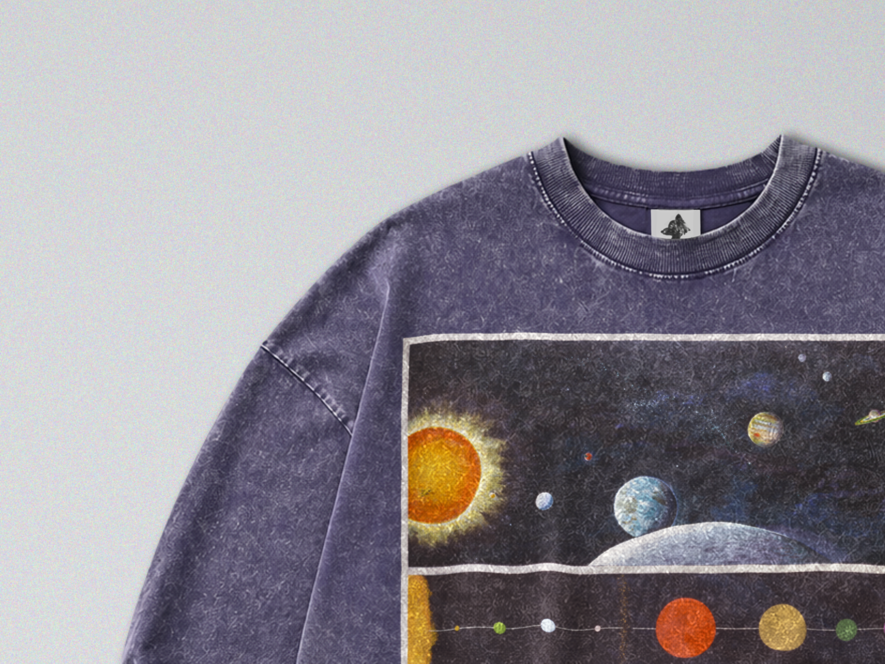 Oversized Snow Washed Long Sleeve Cotton Tee - Map of the Solar System Print