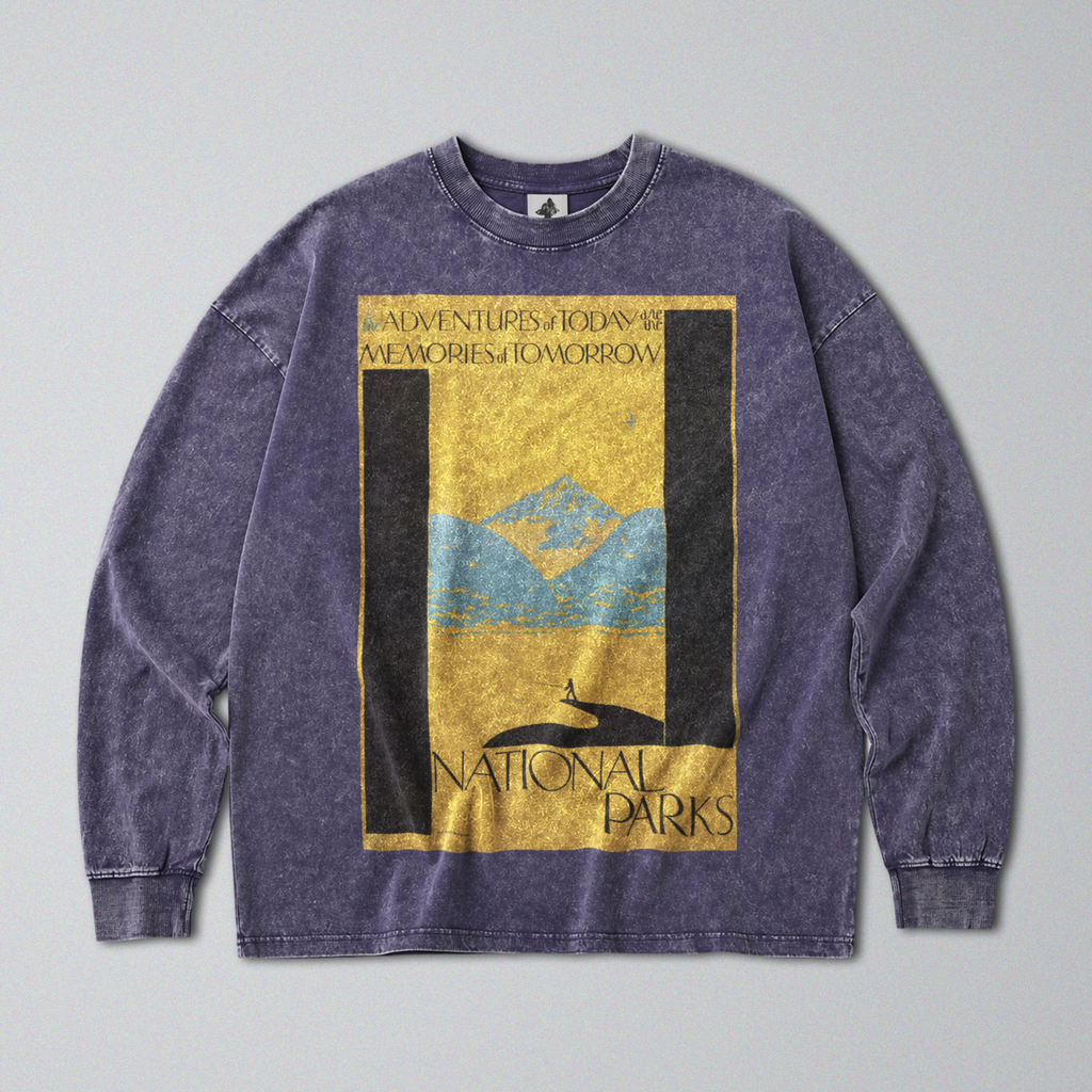 Oversized Snow Washed Long Sleeve Cotton Tee - National Parks Print