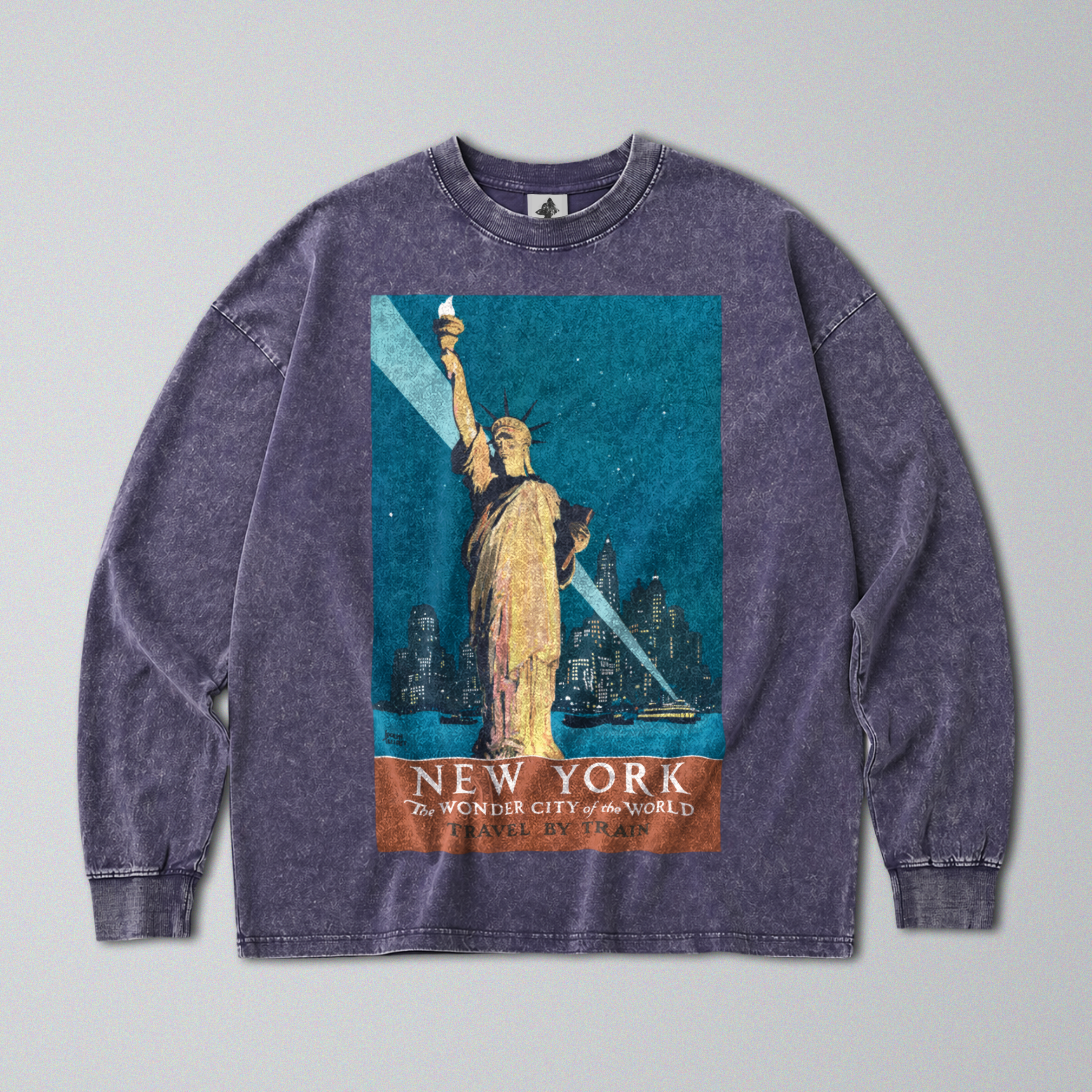 Oversized Snow Washed Long Sleeve Cotton Tee - Statue of Liberty at Night Print