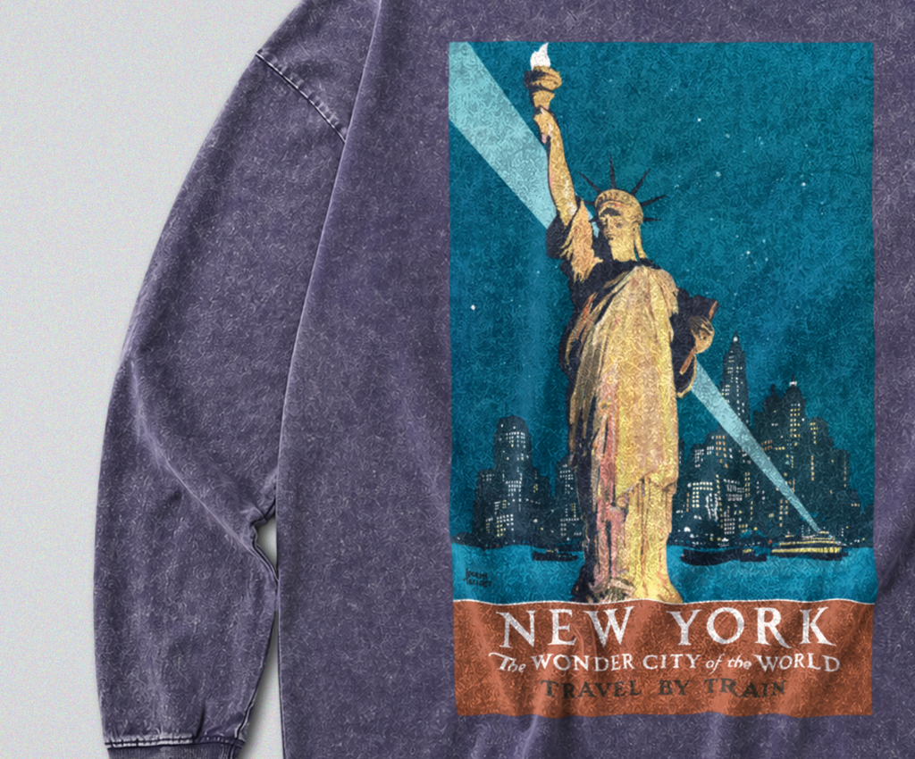Oversized Snow Washed Long Sleeve Cotton Tee - Statue of Liberty at Night Print