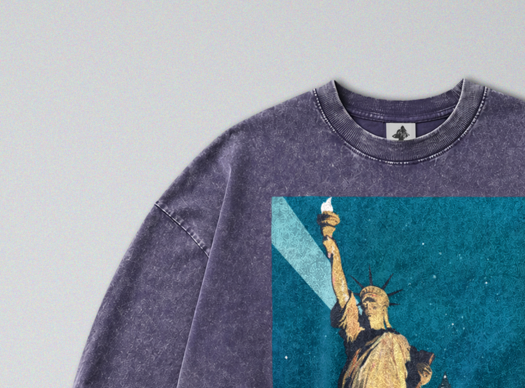 Oversized Snow Washed Long Sleeve Cotton Tee - Statue of Liberty at Night Print