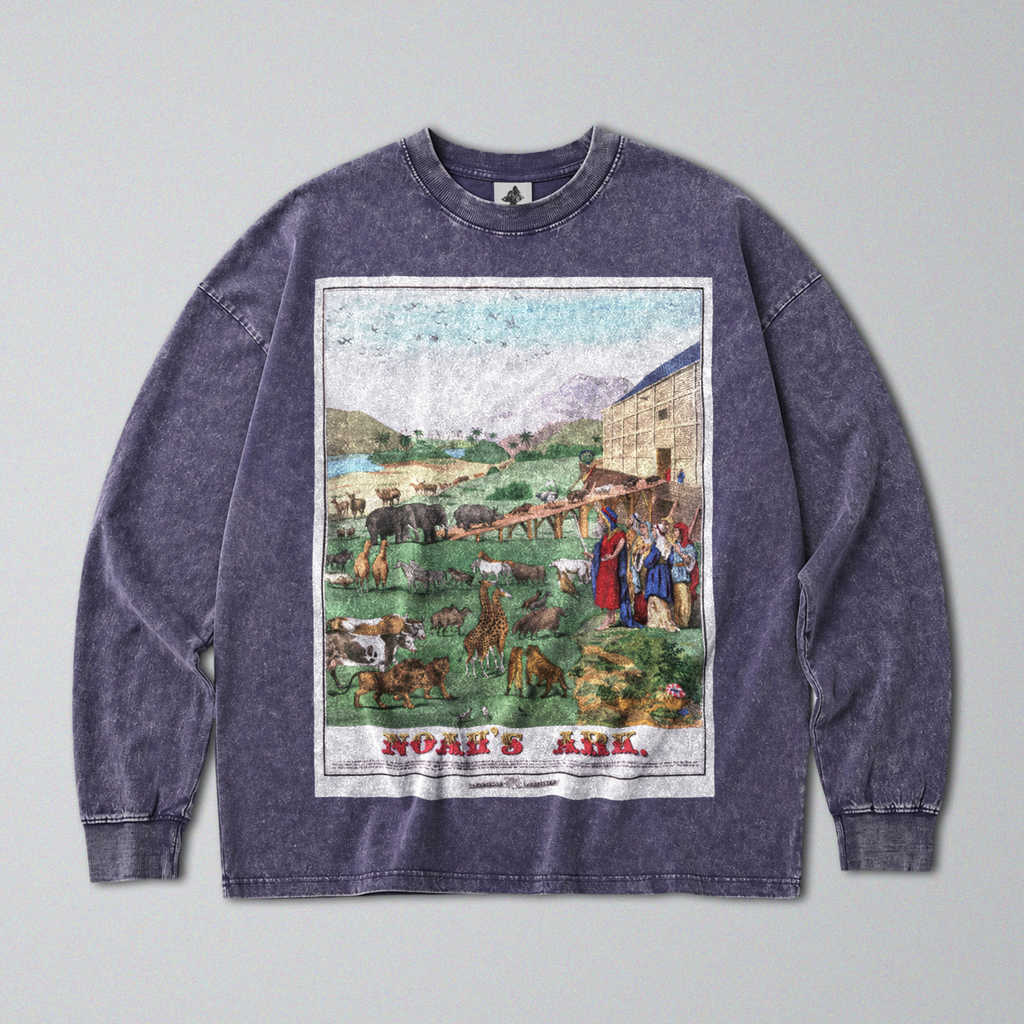 Oversized Snow Washed Long Sleeve Cotton Tee - Noah's Ark Print