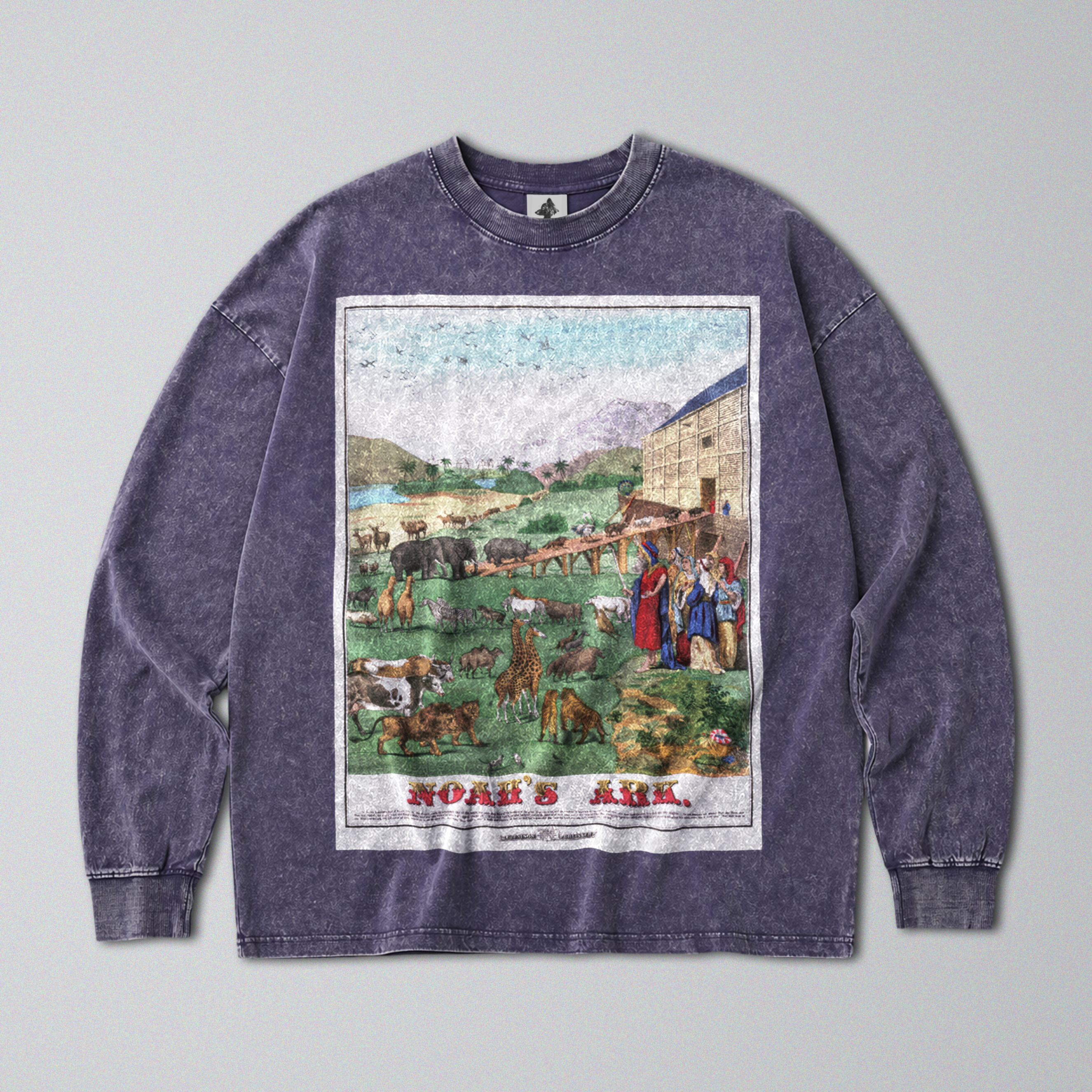 Oversized Snow Washed Long Sleeve Cotton Tee - Noah's Ark Print