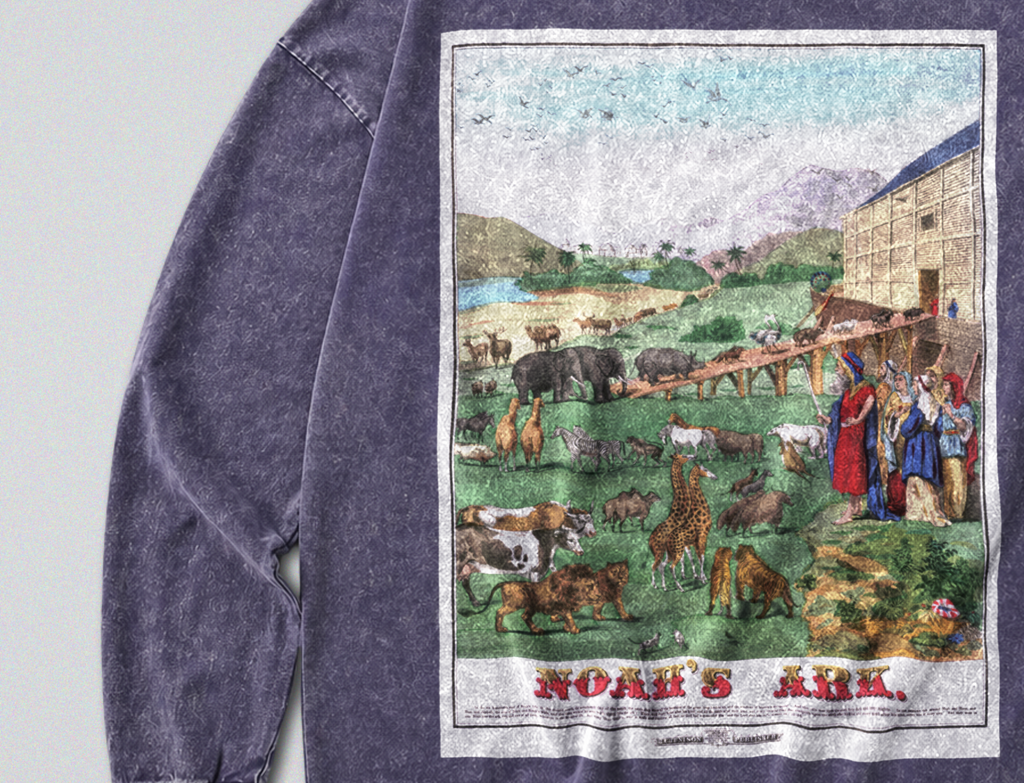 Oversized Snow Washed Long Sleeve Cotton Tee - Noah's Ark Print