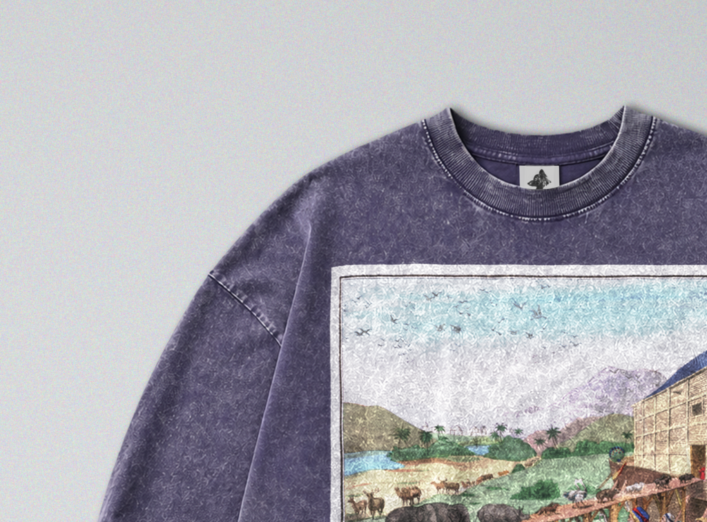 Oversized Snow Washed Long Sleeve Cotton Tee - Noah's Ark Print