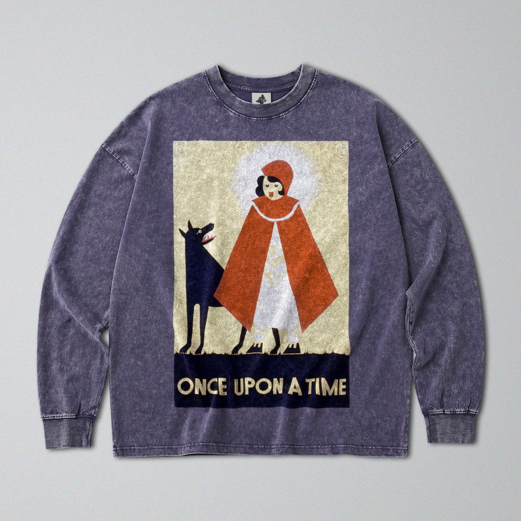 Oversized Snow Washed Long Sleeve Cotton Tee - Red Riding Hood Print