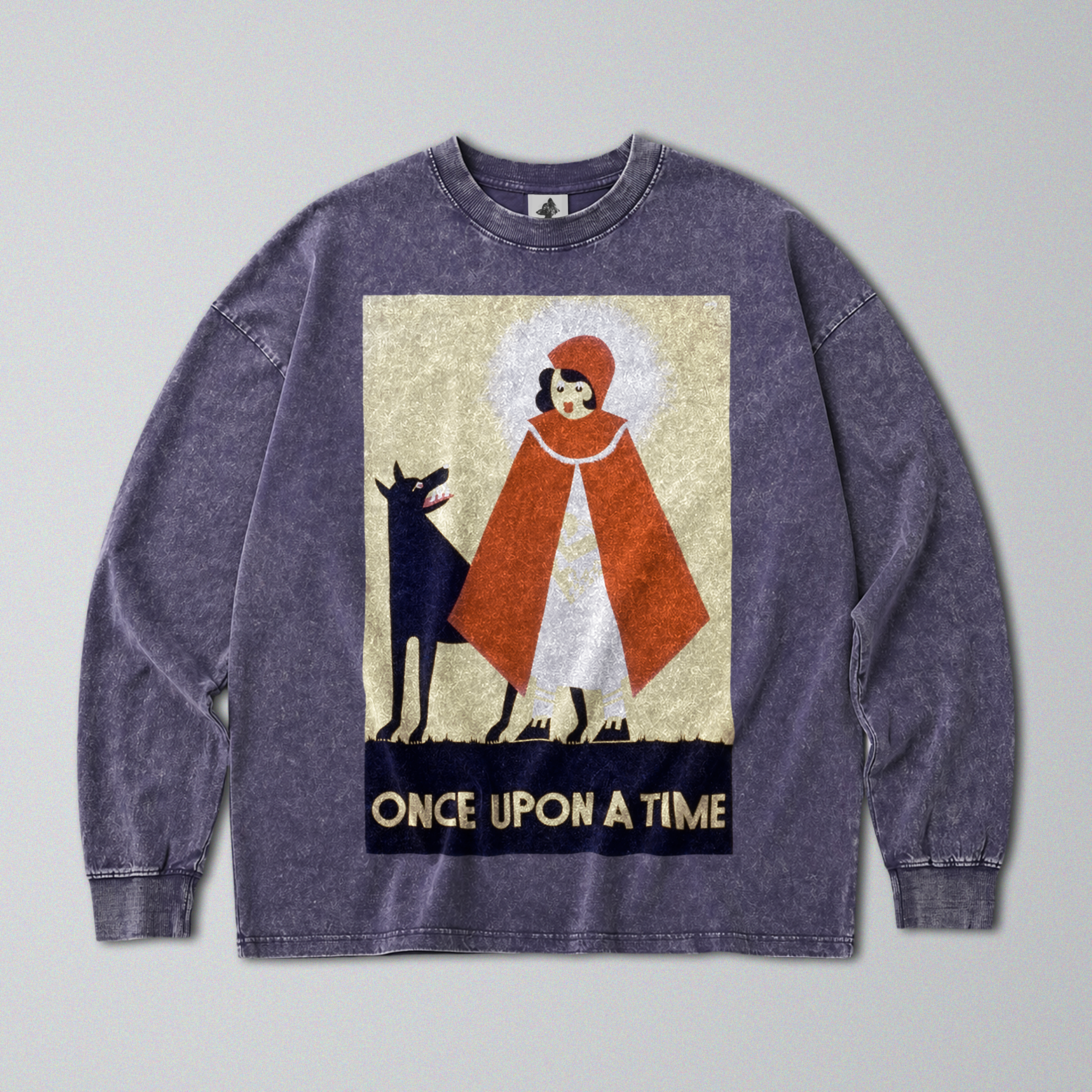 Oversized Snow Washed Long Sleeve Cotton Tee - Red Riding Hood Print