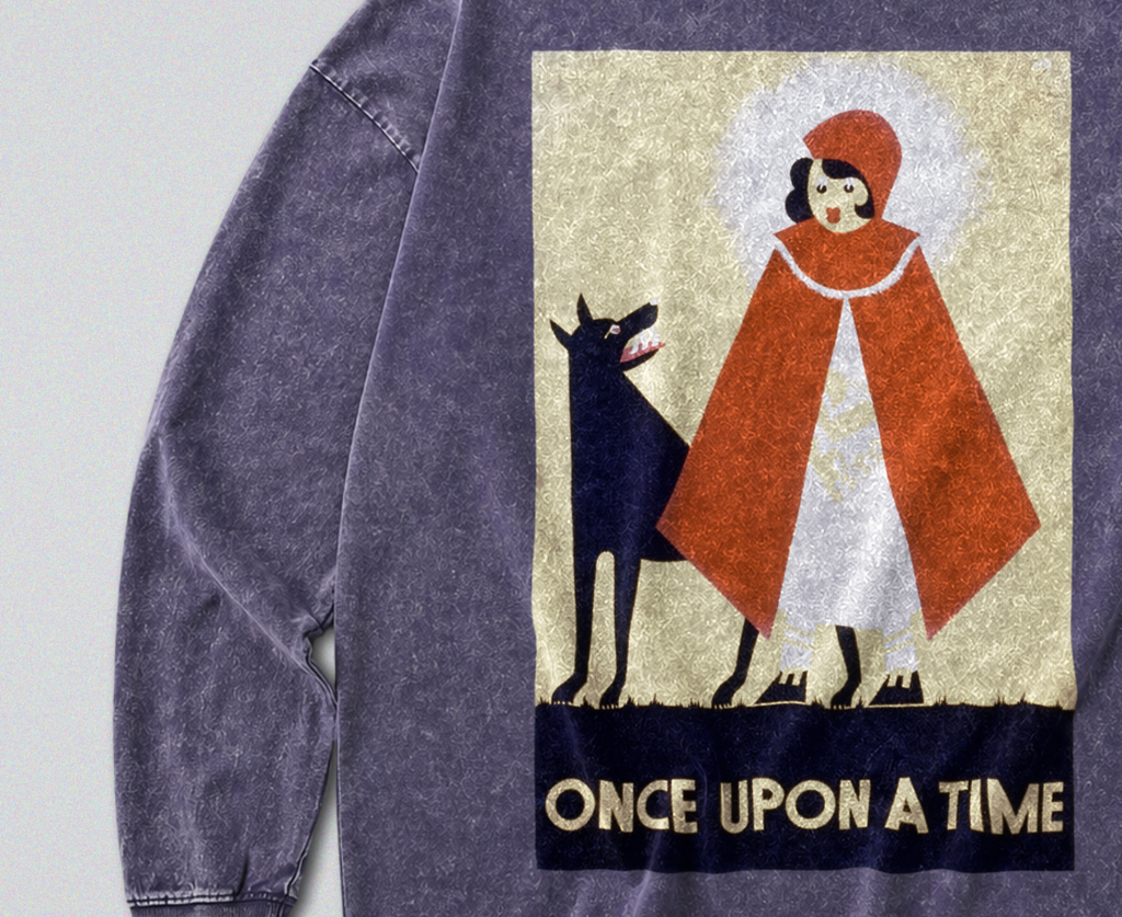 Oversized Snow Washed Long Sleeve Cotton Tee - Red Riding Hood Print