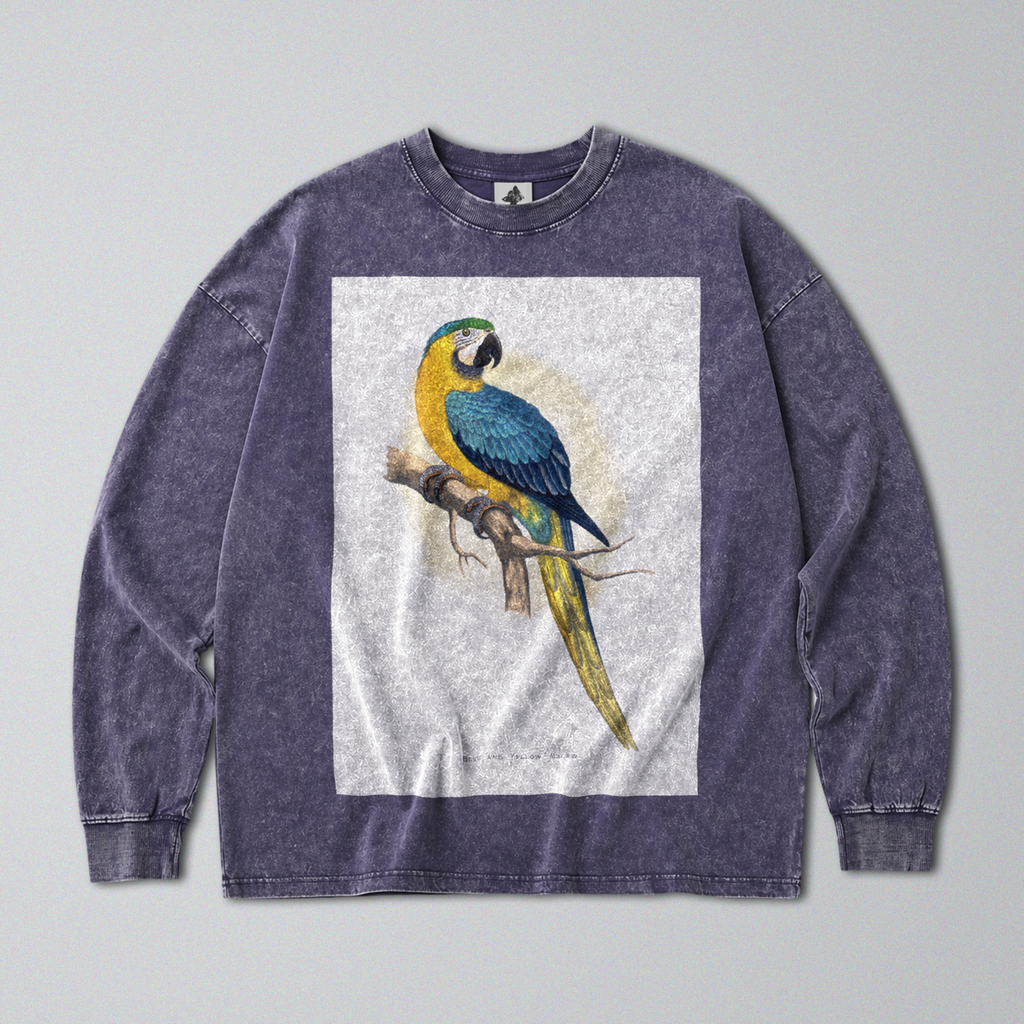 Oversized Snow Washed Long Sleeve Cotton Tee - Blue & Yellow Parrot Print