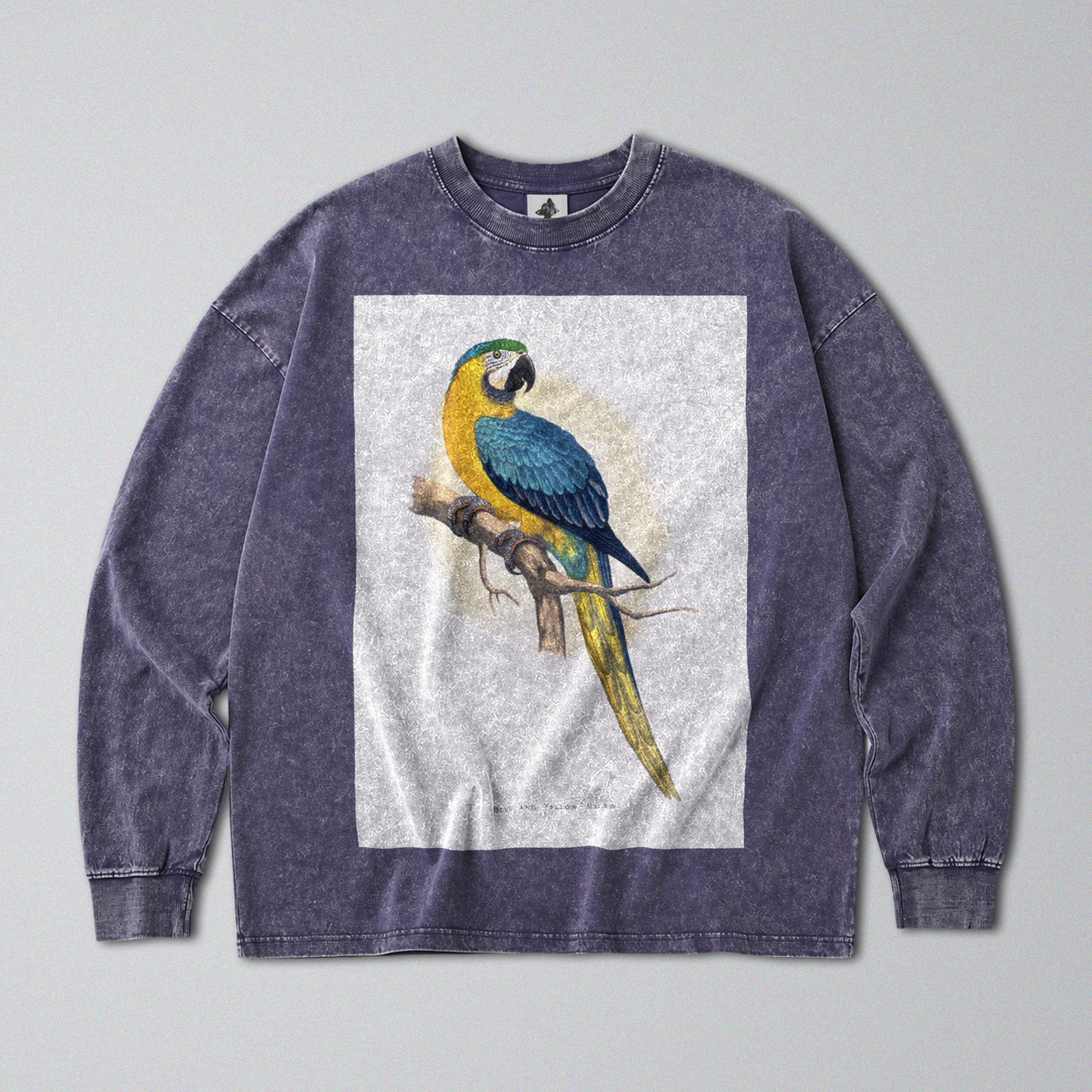Oversized Snow Washed Long Sleeve Cotton Tee - Blue & Yellow Parrot Print