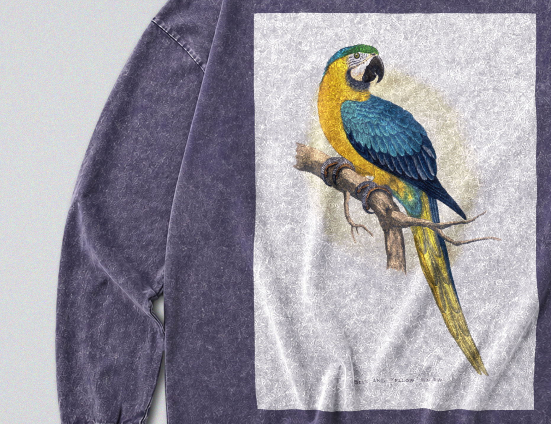 Oversized Snow Washed Long Sleeve Cotton Tee - Blue & Yellow Parrot Print