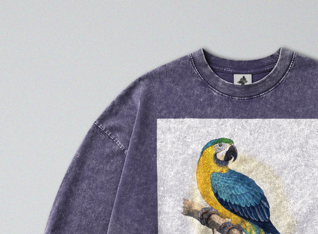 Oversized Snow Washed Long Sleeve Cotton Tee - Blue & Yellow Parrot Print