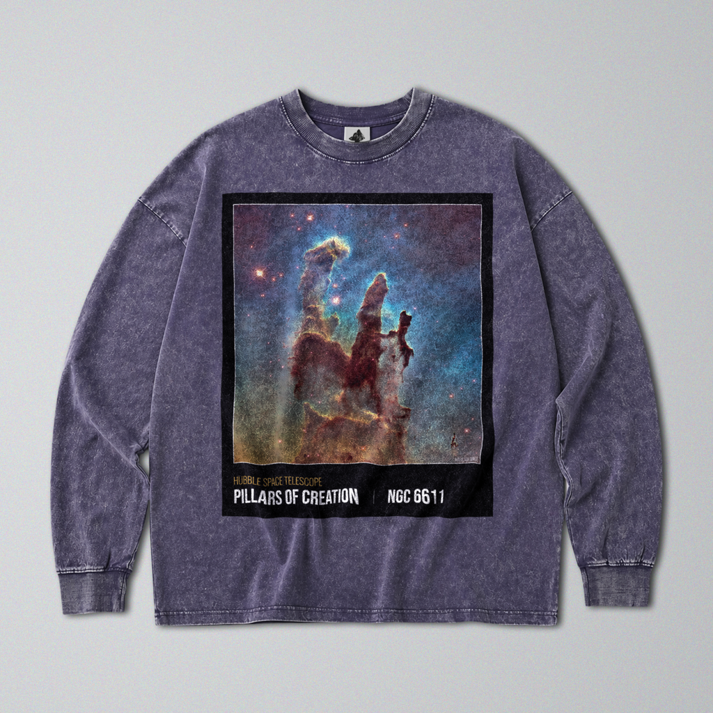 Oversized Snow Washed Long Sleeve Cotton Tee - Pillars of Creation Nebula Print