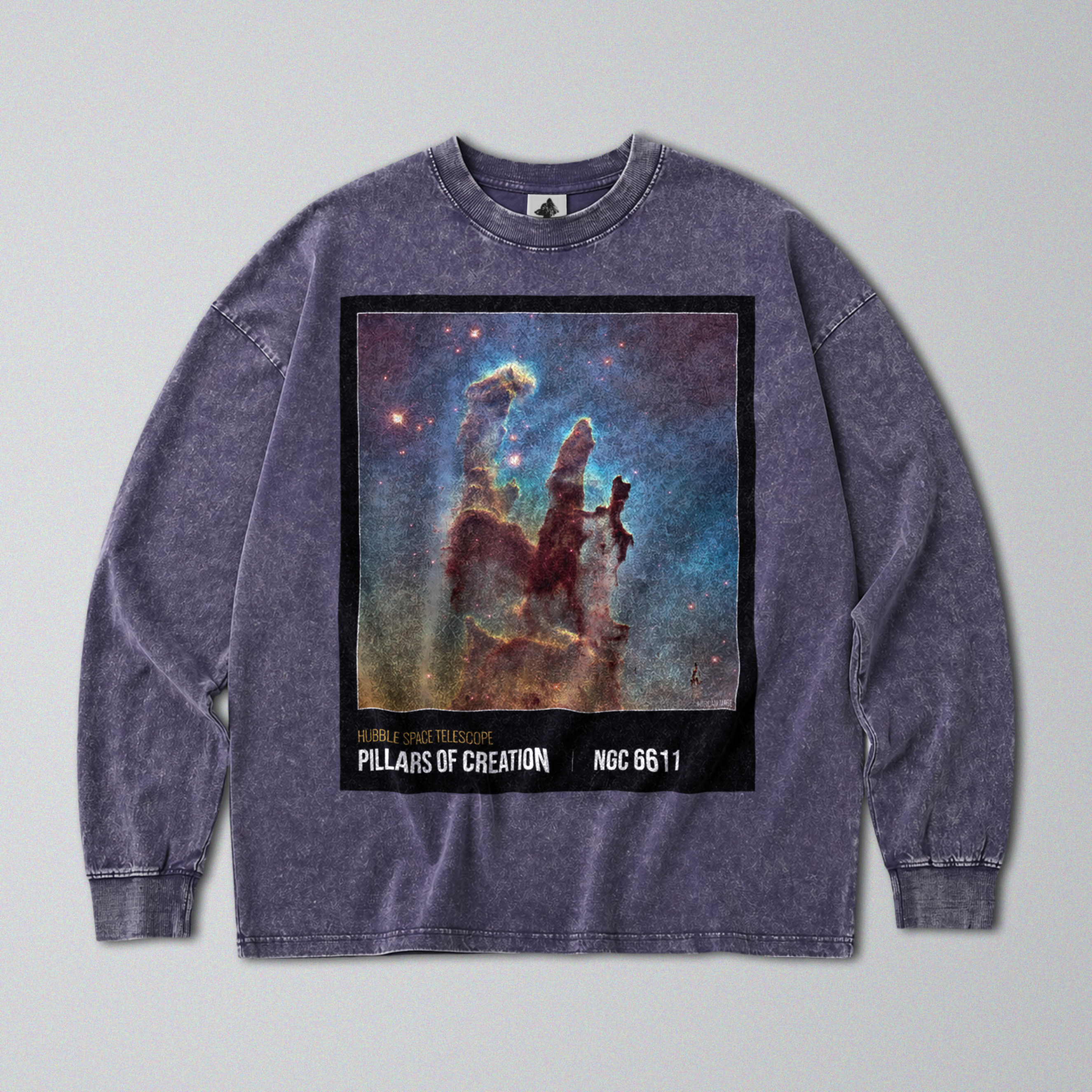 Oversized Snow Washed Long Sleeve Cotton Tee - Pillars of Creation Nebula Print
