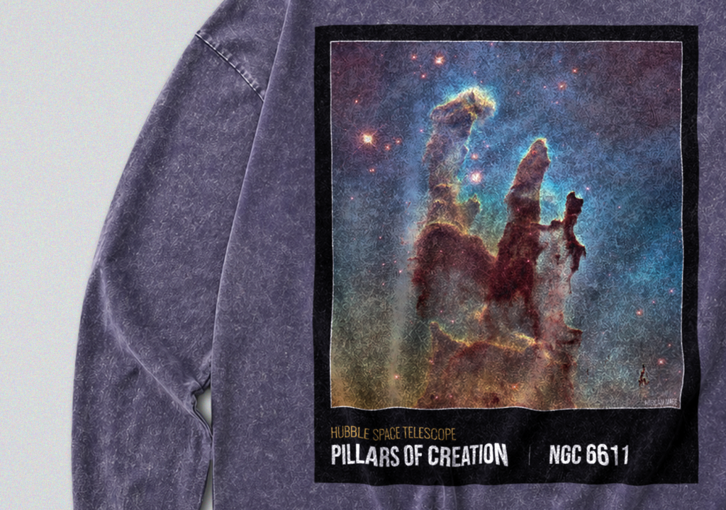 Oversized Snow Washed Long Sleeve Cotton Tee - Pillars of Creation Nebula Print