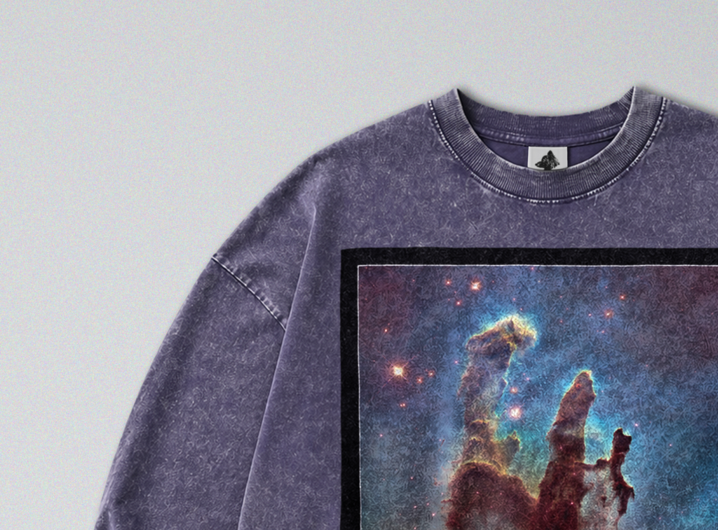 Oversized Snow Washed Long Sleeve Cotton Tee - Pillars of Creation Nebula Print