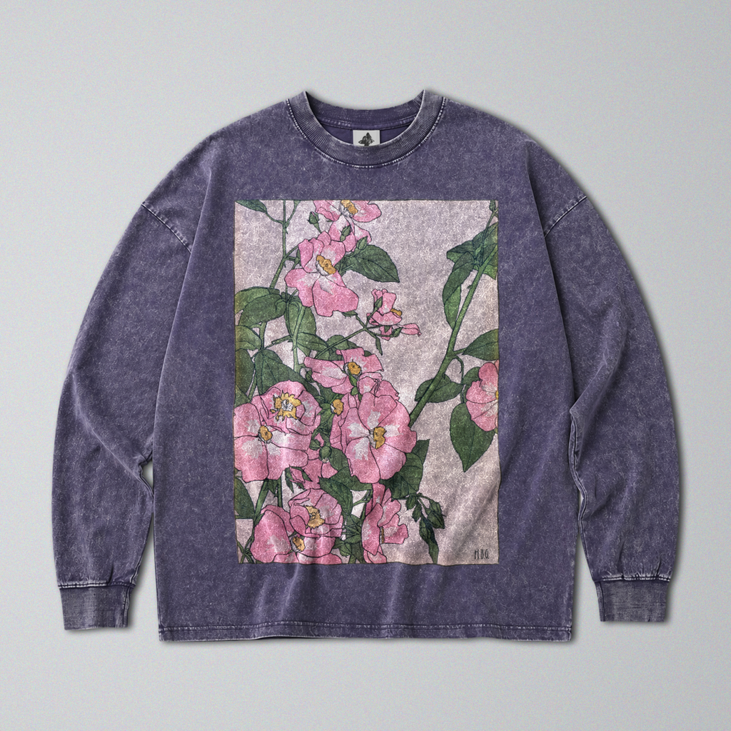 Oversized Snow Washed Long Sleeve Cotton Tee - Colorful Prairie Rose Print