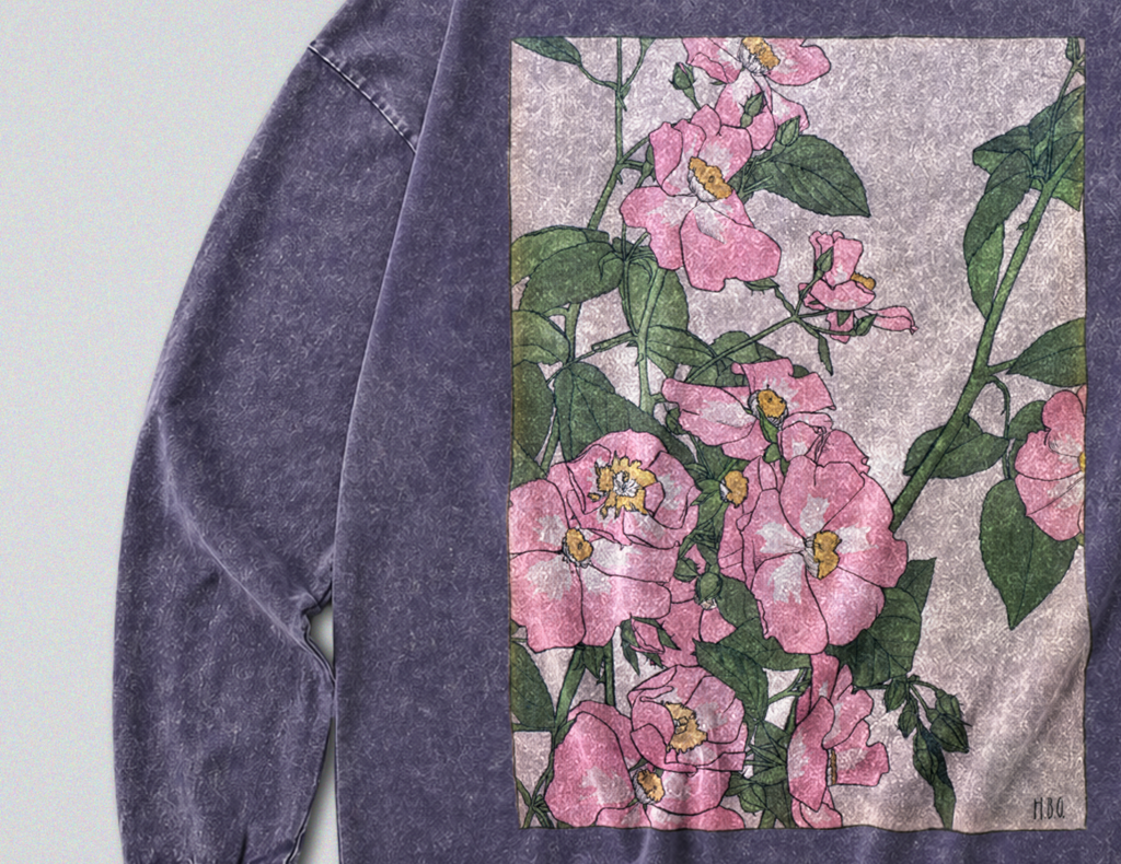 Oversized Snow Washed Long Sleeve Cotton Tee - Colorful Prairie Rose Print