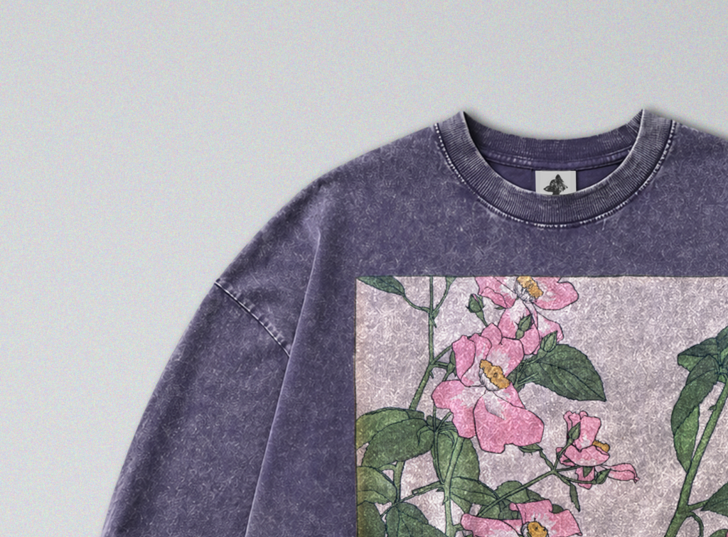 Oversized Snow Washed Long Sleeve Cotton Tee - Colorful Prairie Rose Print