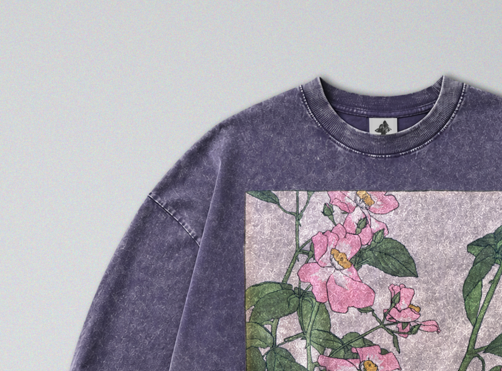 Oversized Snow Washed Long Sleeve Cotton Tee - Colorful Prairie Rose Print