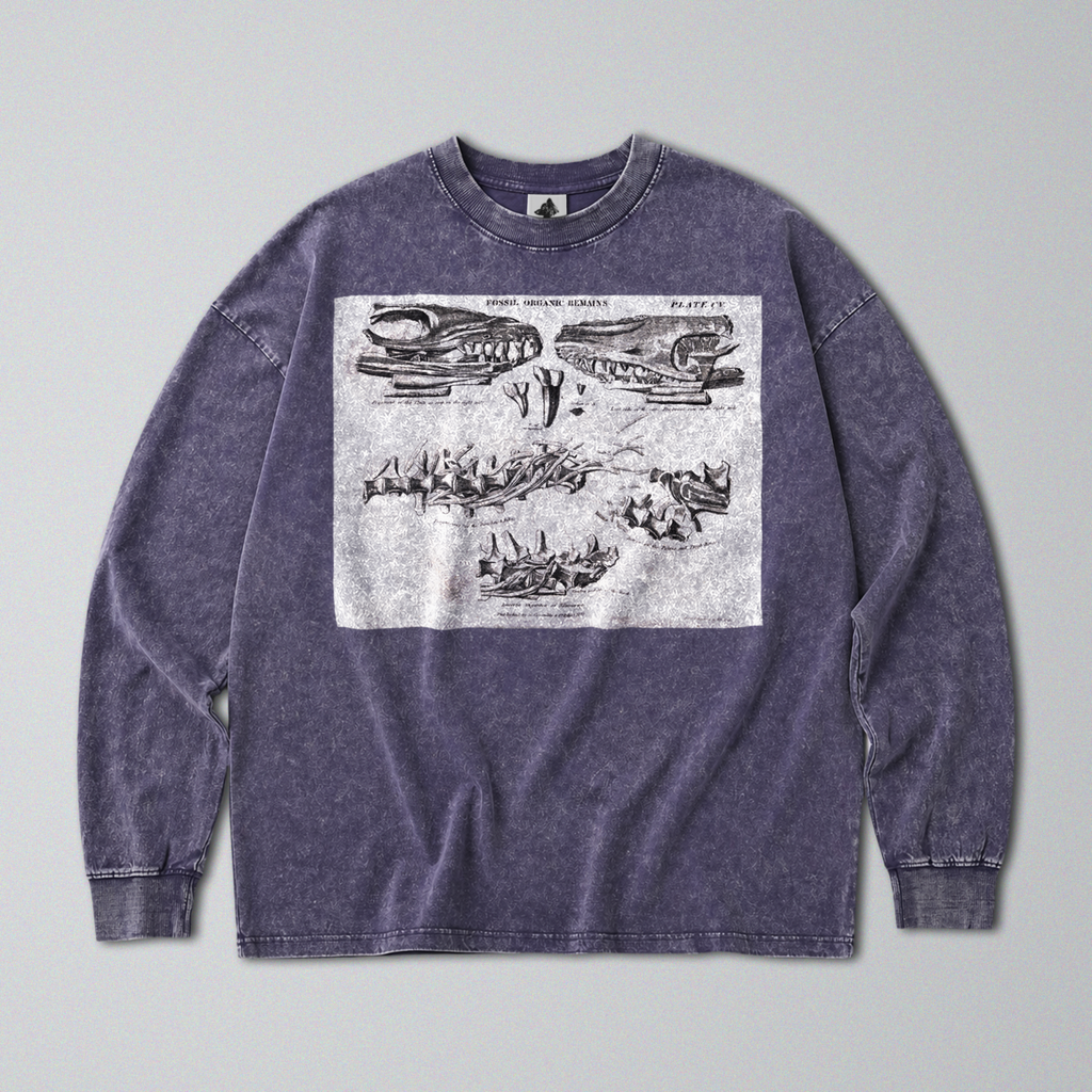 Oversized Snow Washed Long Sleeve Cotton Tee - Mosasaurus Skull Fossil Print