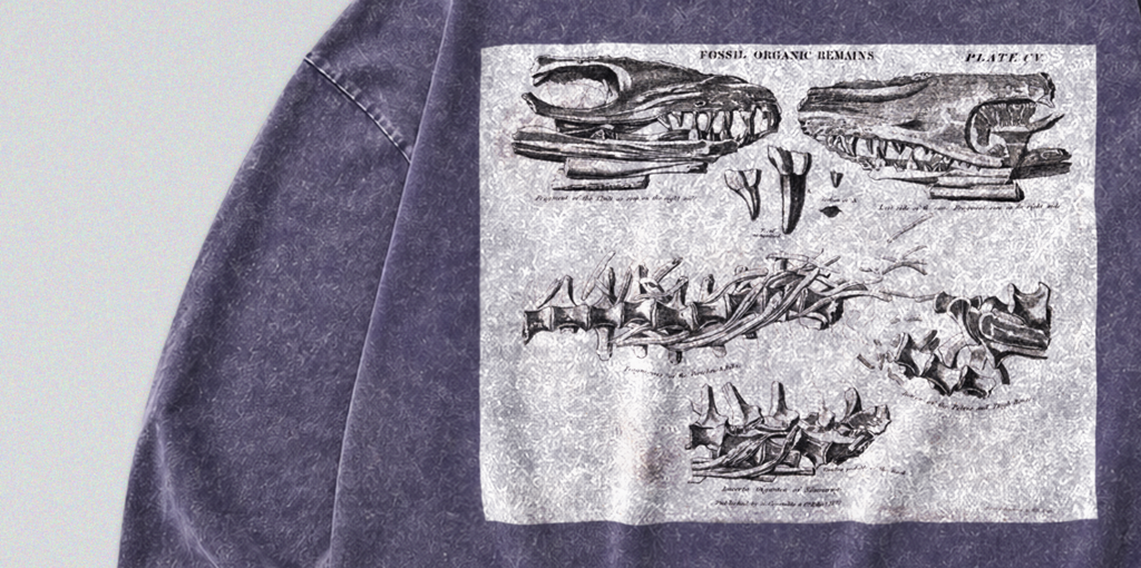 Oversized Snow Washed Long Sleeve Cotton Tee - Mosasaurus Skull Fossil Print