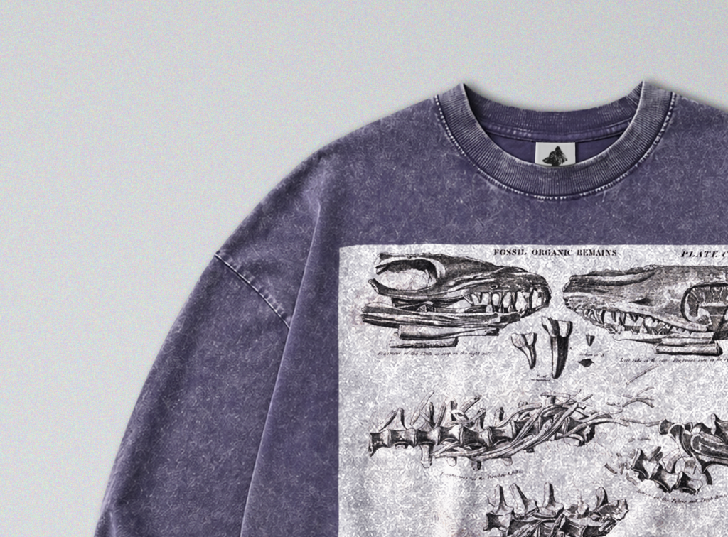 Oversized Snow Washed Long Sleeve Cotton Tee - Mosasaurus Skull Fossil Print