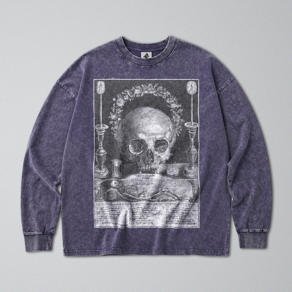 Oversized Snow Washed Long Sleeve Cotton Tee - Skull & Symbols of Death Print
