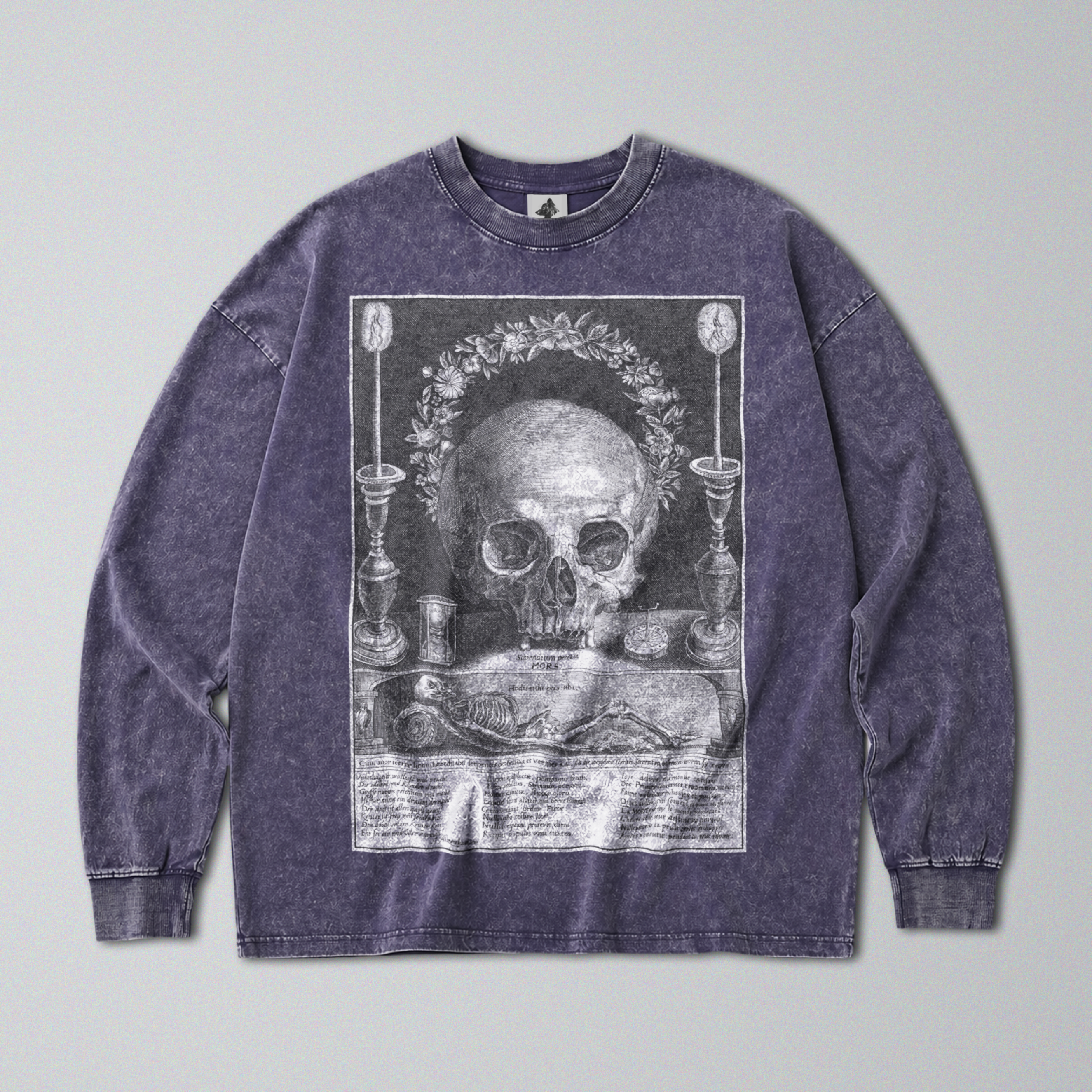 Oversized Snow Washed Long Sleeve Cotton Tee - Skull & Symbols of Death Print
