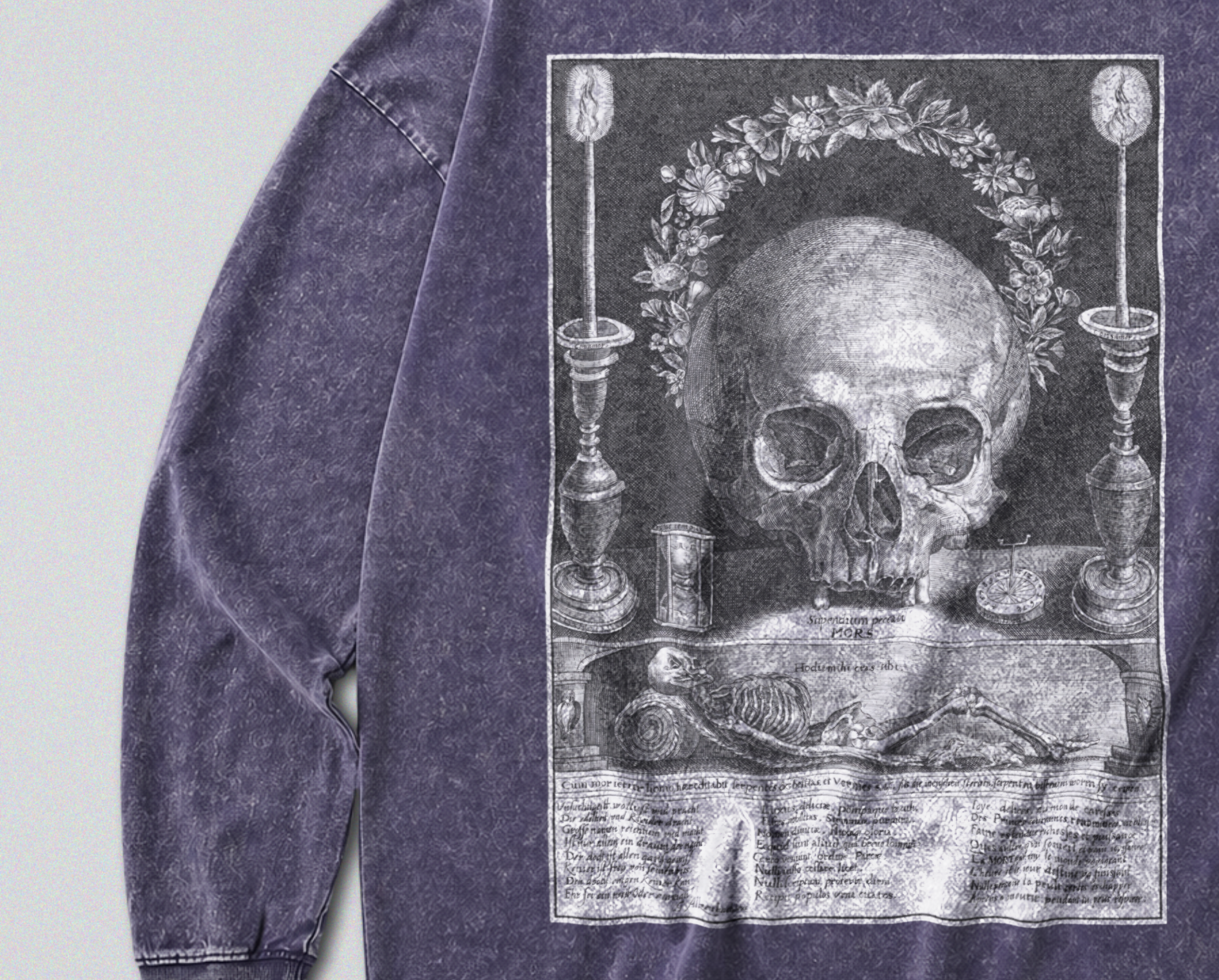 Oversized Snow Washed Long Sleeve Cotton Tee - Skull & Symbols of Death Print