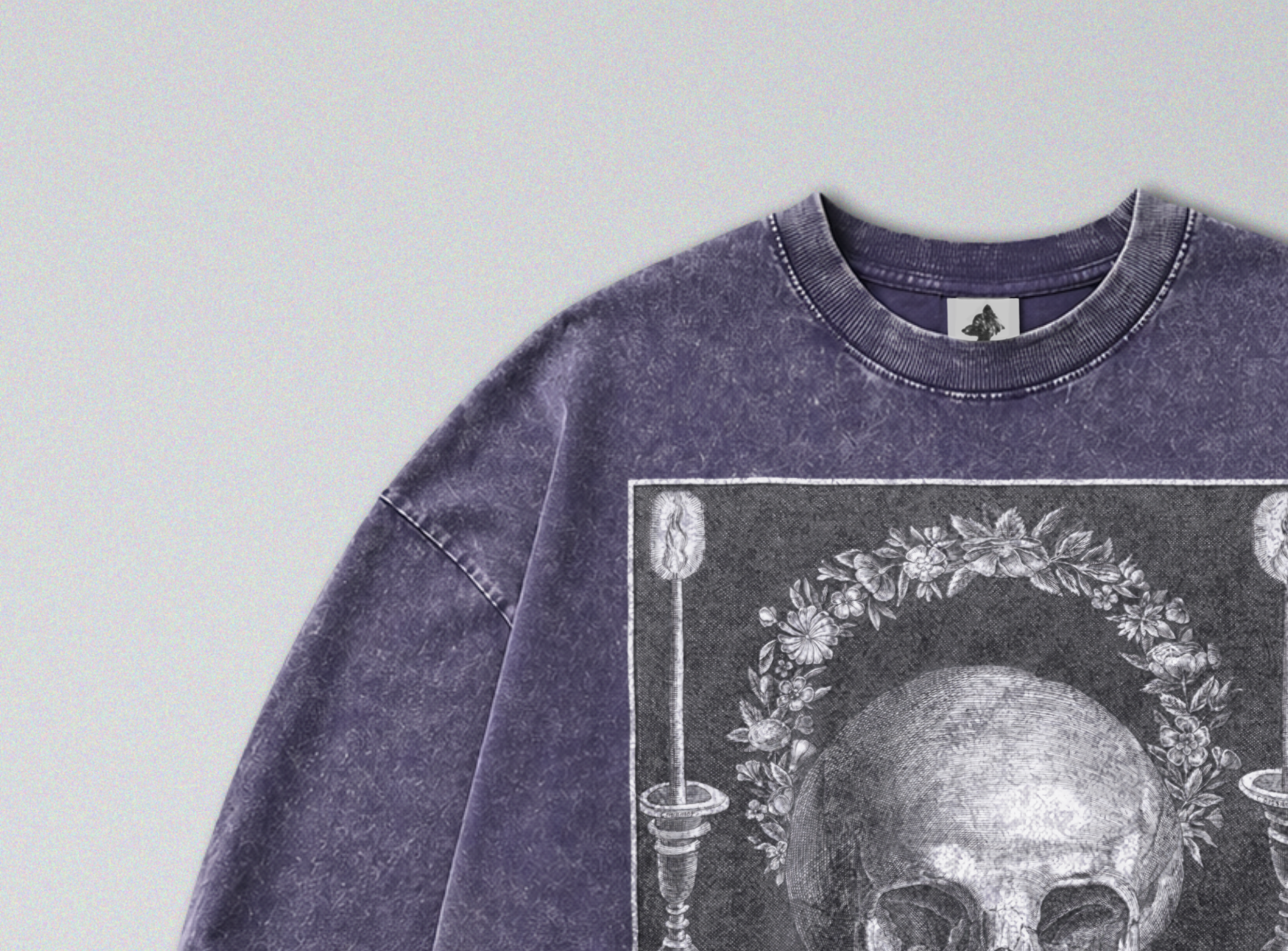 Oversized Snow Washed Long Sleeve Cotton Tee - Skull & Symbols of Death Print