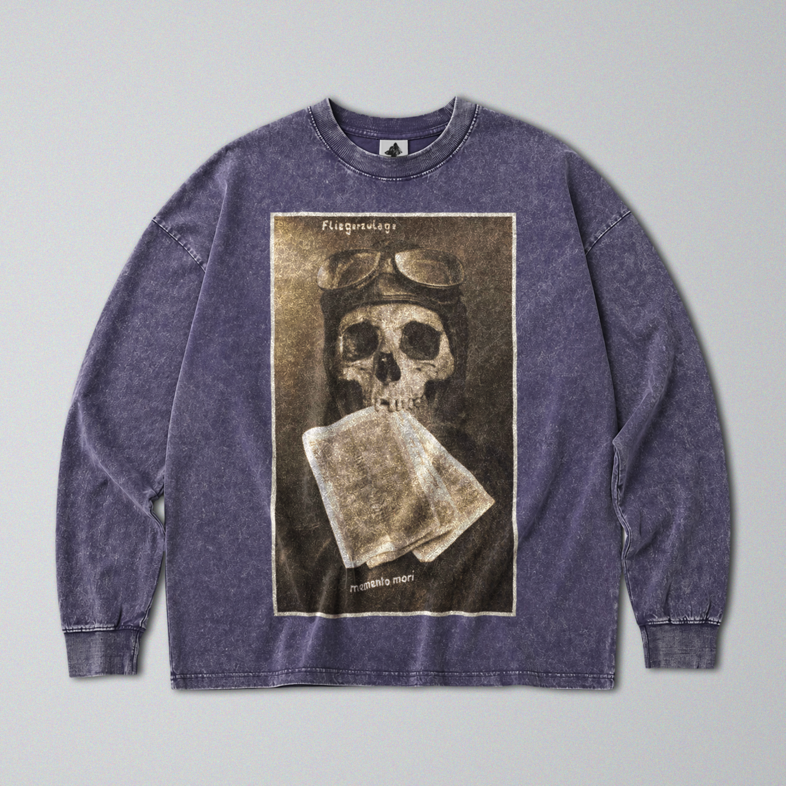 Oversized Snow Washed Long Sleeve Cotton Tee - WW1 memento Mori Skull Print