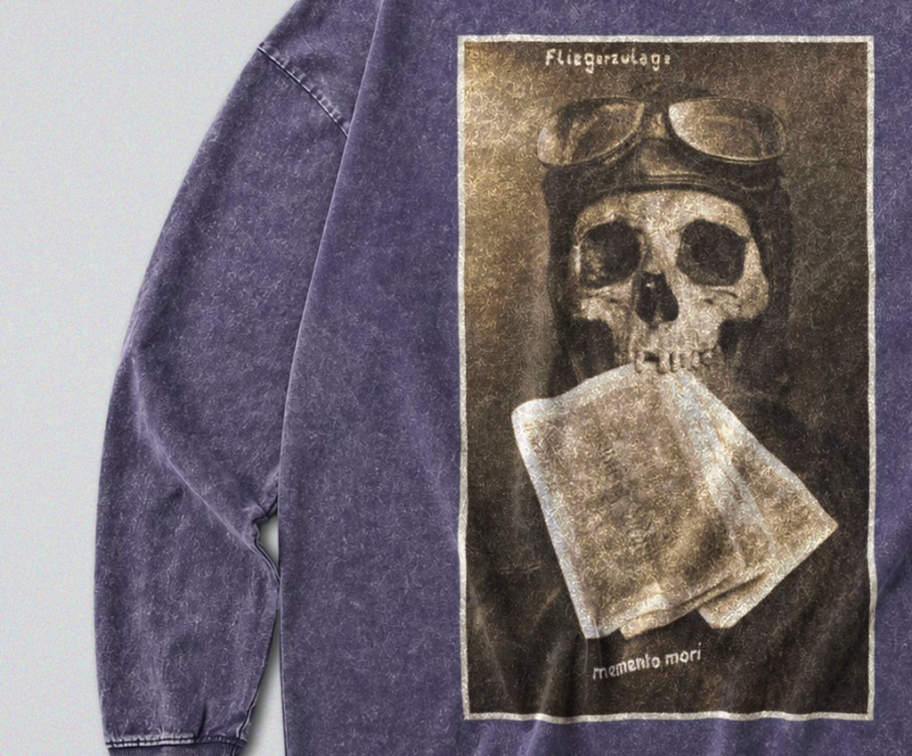 Oversized Snow Washed Long Sleeve Cotton Tee - WW1 memento Mori Skull Print