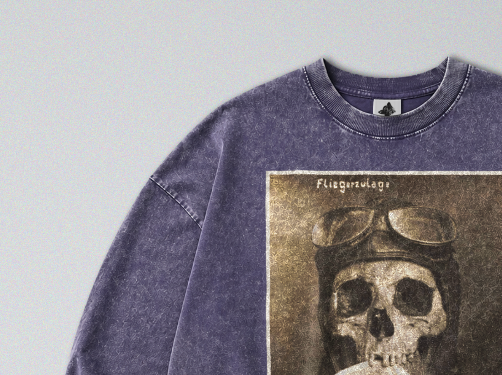 Oversized Snow Washed Long Sleeve Cotton Tee - WW1 memento Mori Skull Print