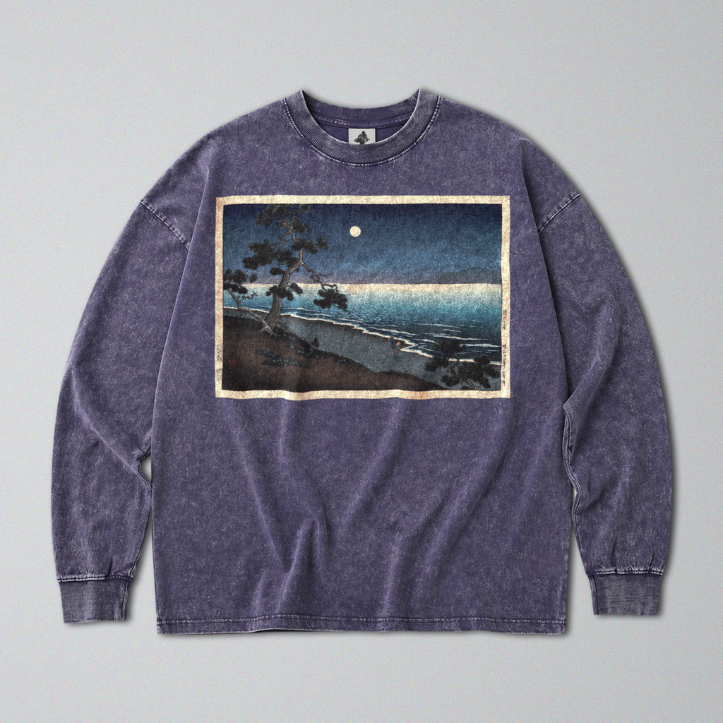 Oversized Snow Washed Long Sleeve Cotton Tee - Japanese Beach Landscape Print