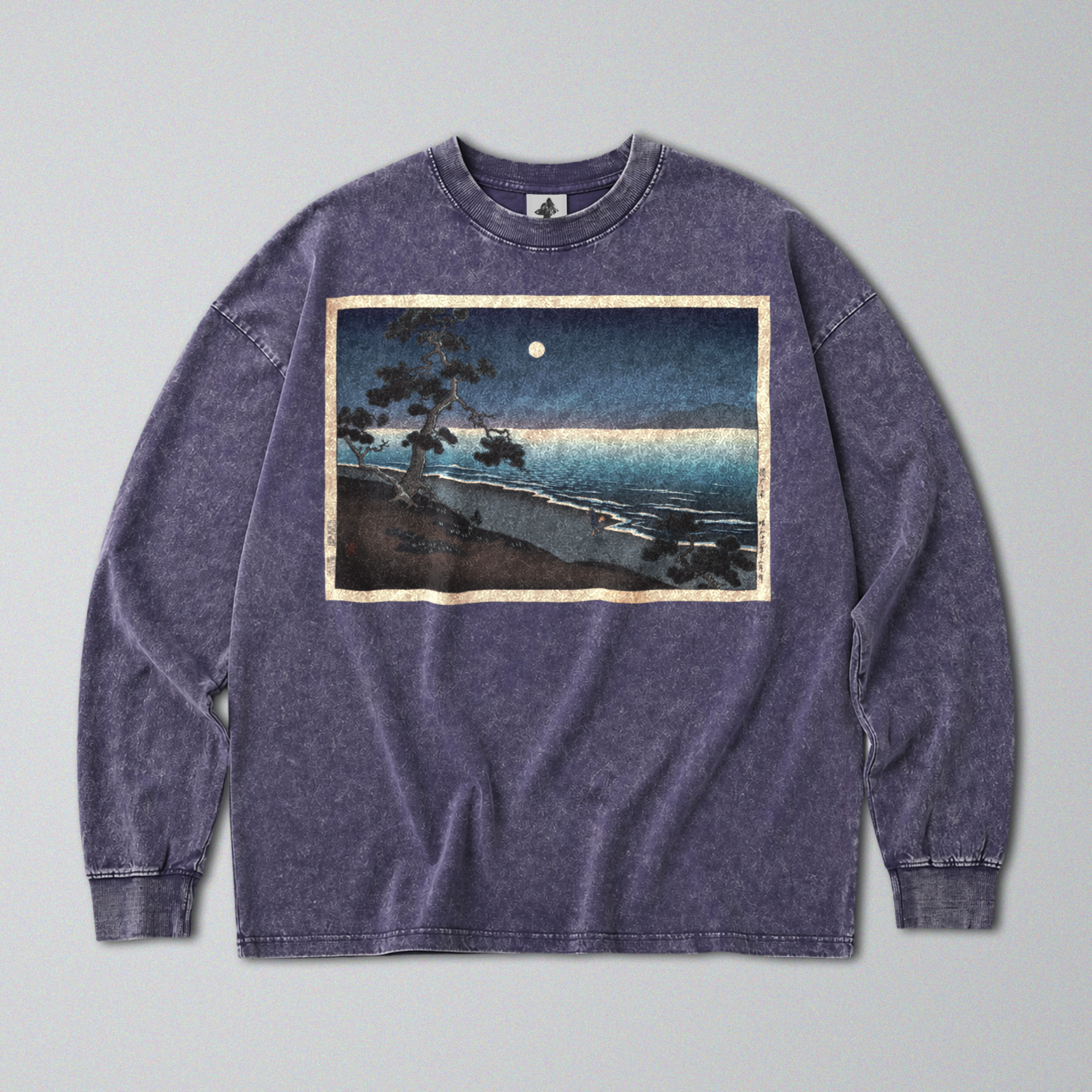 Oversized Snow Washed Long Sleeve Cotton Tee - Japanese Beach Landscape Print