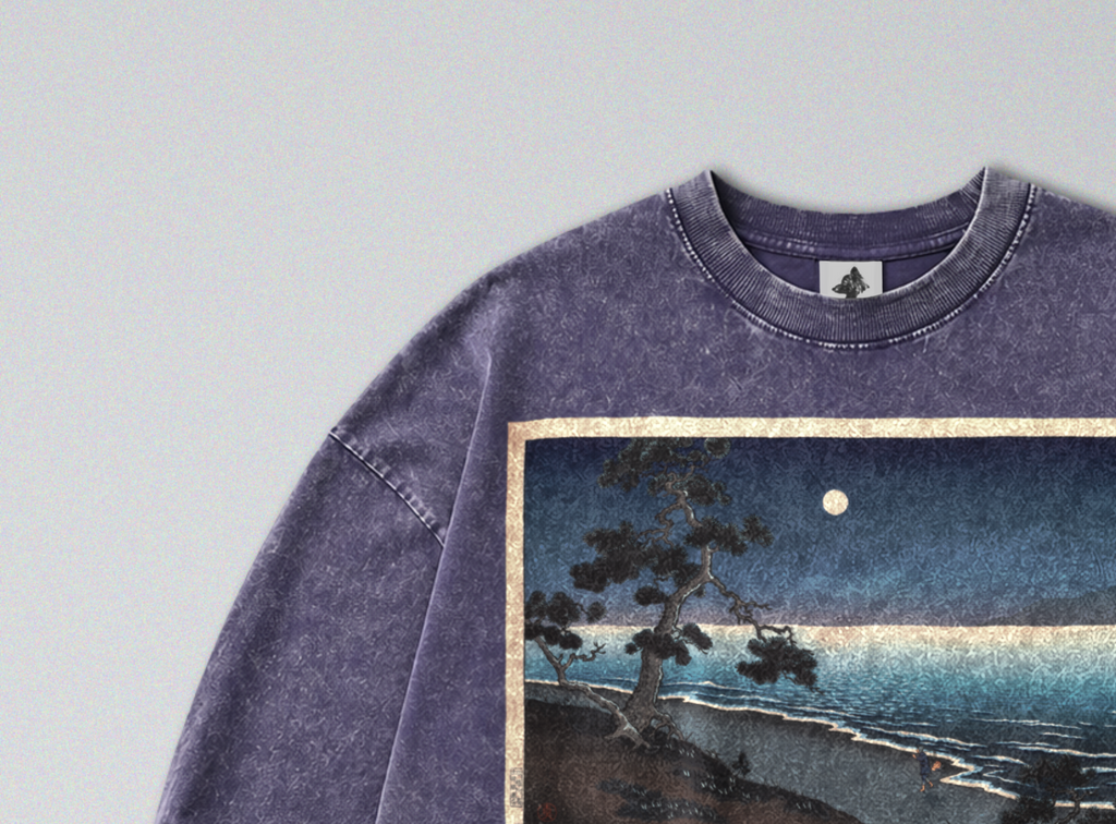Oversized Snow Washed Long Sleeve Cotton Tee - Japanese Beach Landscape Print