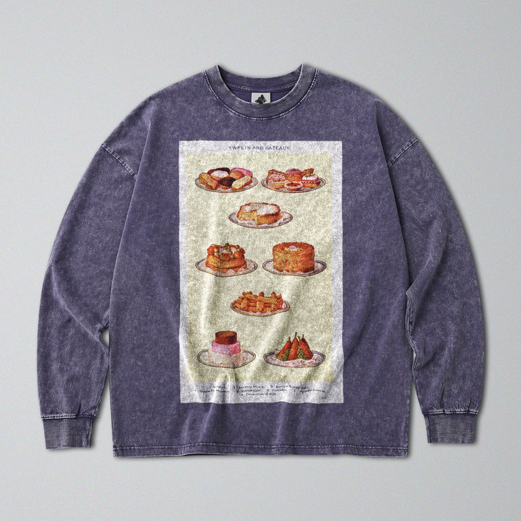 Oversized Snow Washed Long Sleeve Cotton Tee - Cakes and Desserts Print
