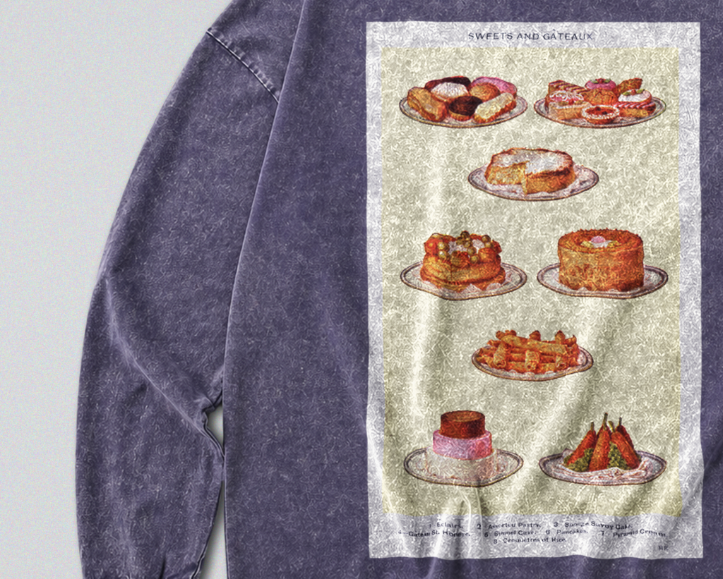 Oversized Snow Washed Long Sleeve Cotton Tee - Cakes and Desserts Print